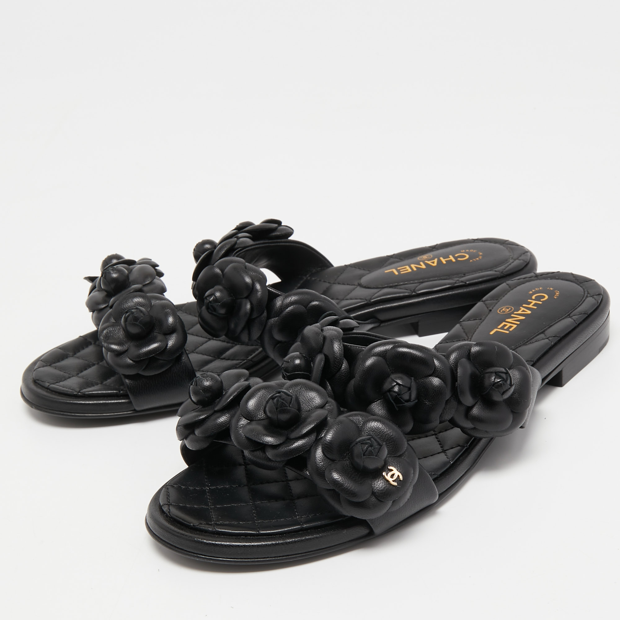 

Chanel Black Leather Camellia Flat Slides Size