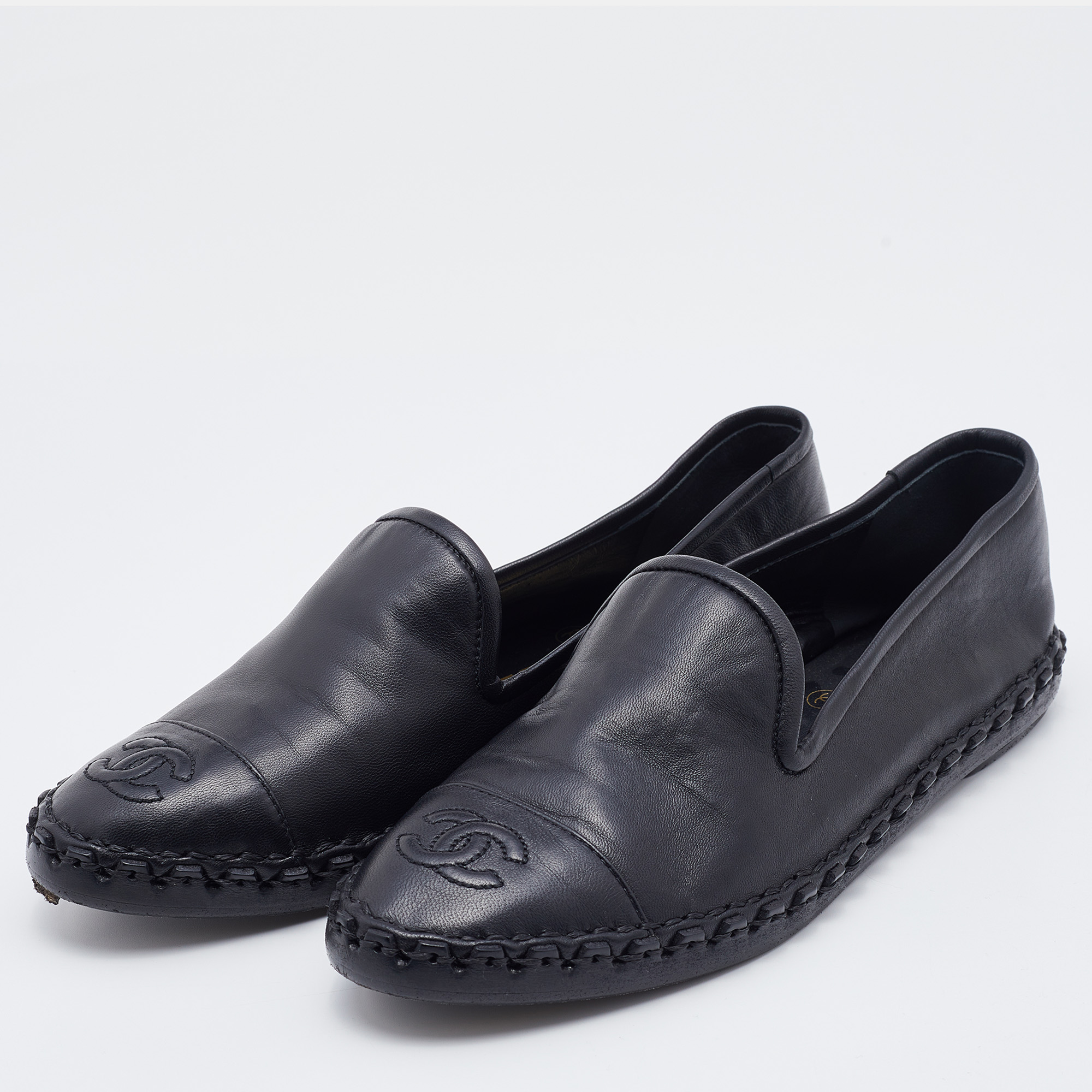 

Chanel Black Leather CC Cap Toe Smoking Slippers Size