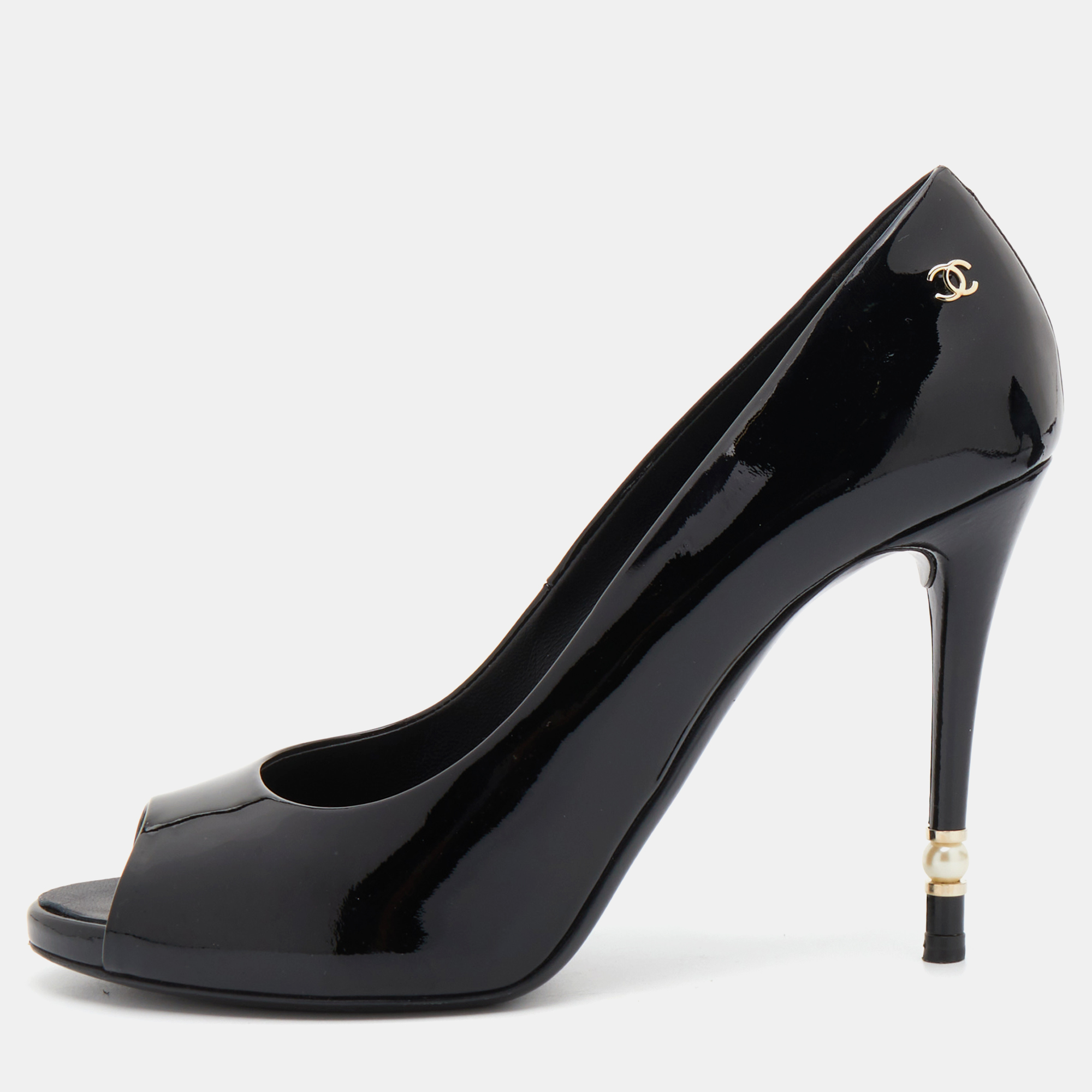 Chanel Black Patent Leather CC Pearl Embellished Heel Peep Toe Pumps Size 38.5