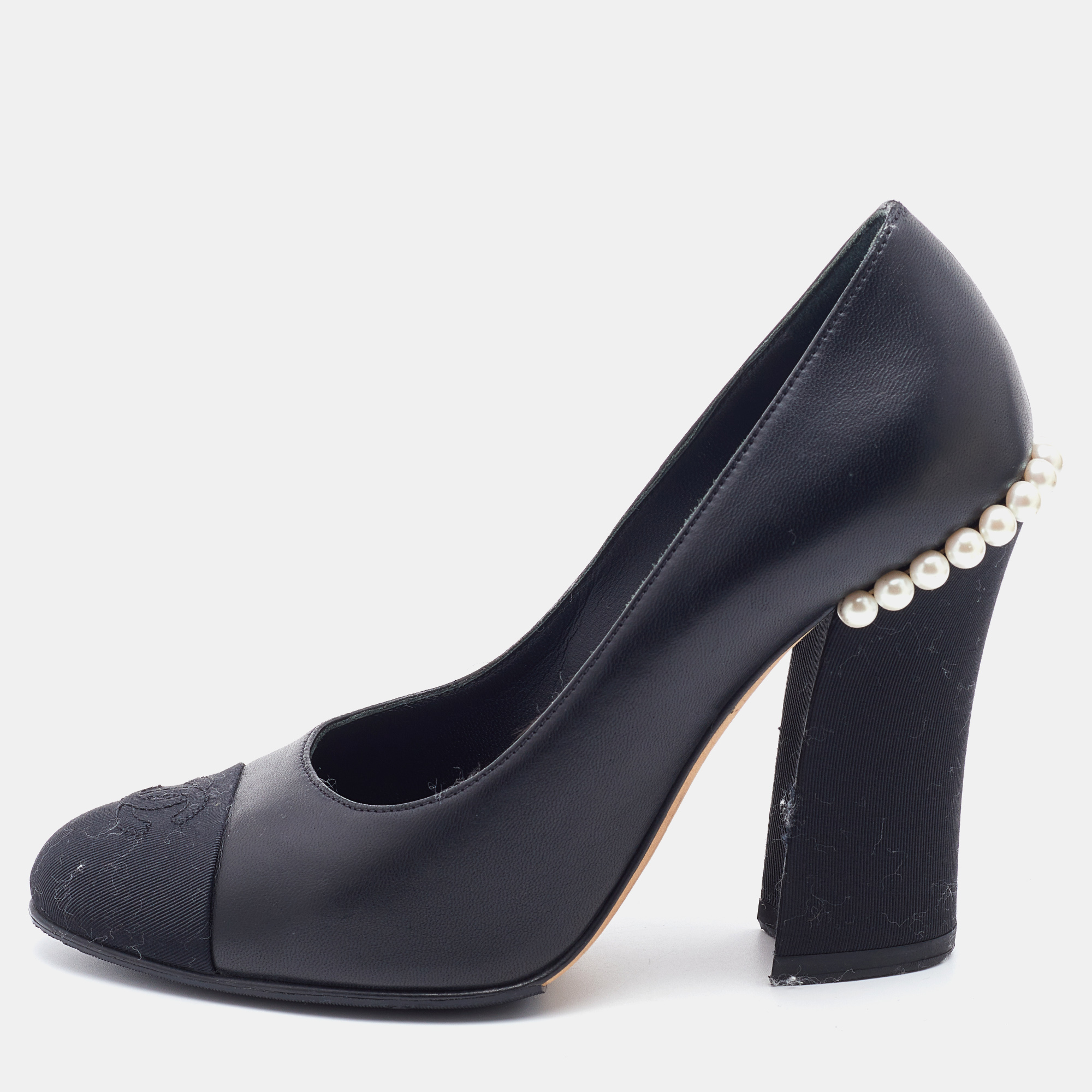 Chanel Black Leather and Fabric CC Cap Toe Pearl Embellished