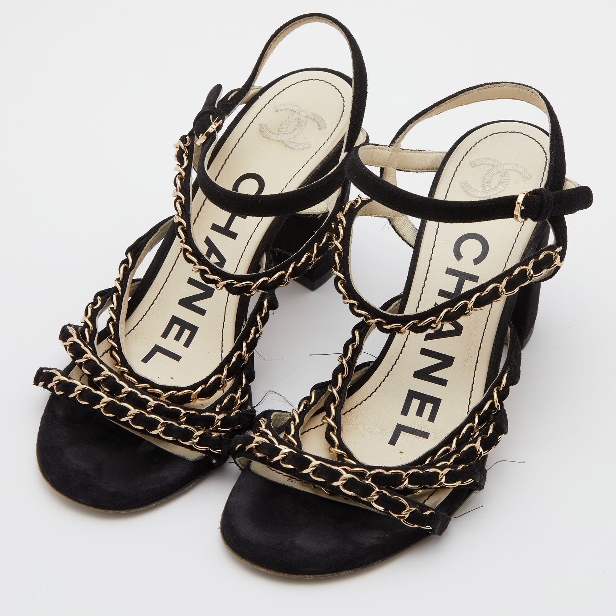 

Chanel Black Suede Chain Detail Ankle Strap Sandals Size