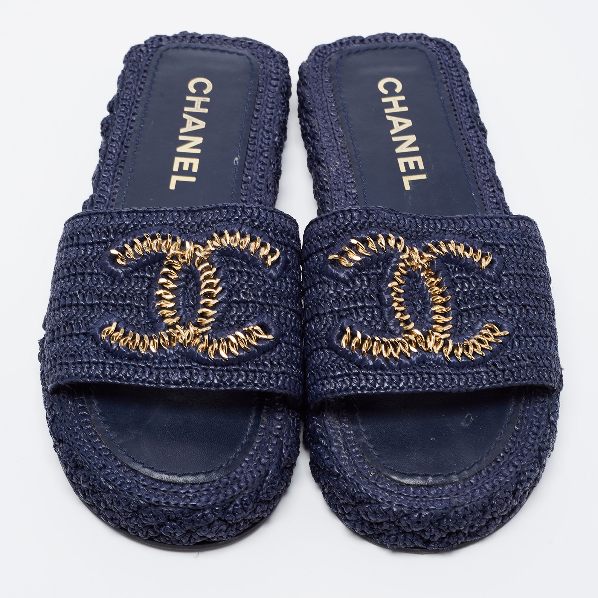 Chanel Navy Blue Woven Raffia CC Slide Flats Size 40 Chanel | TLC