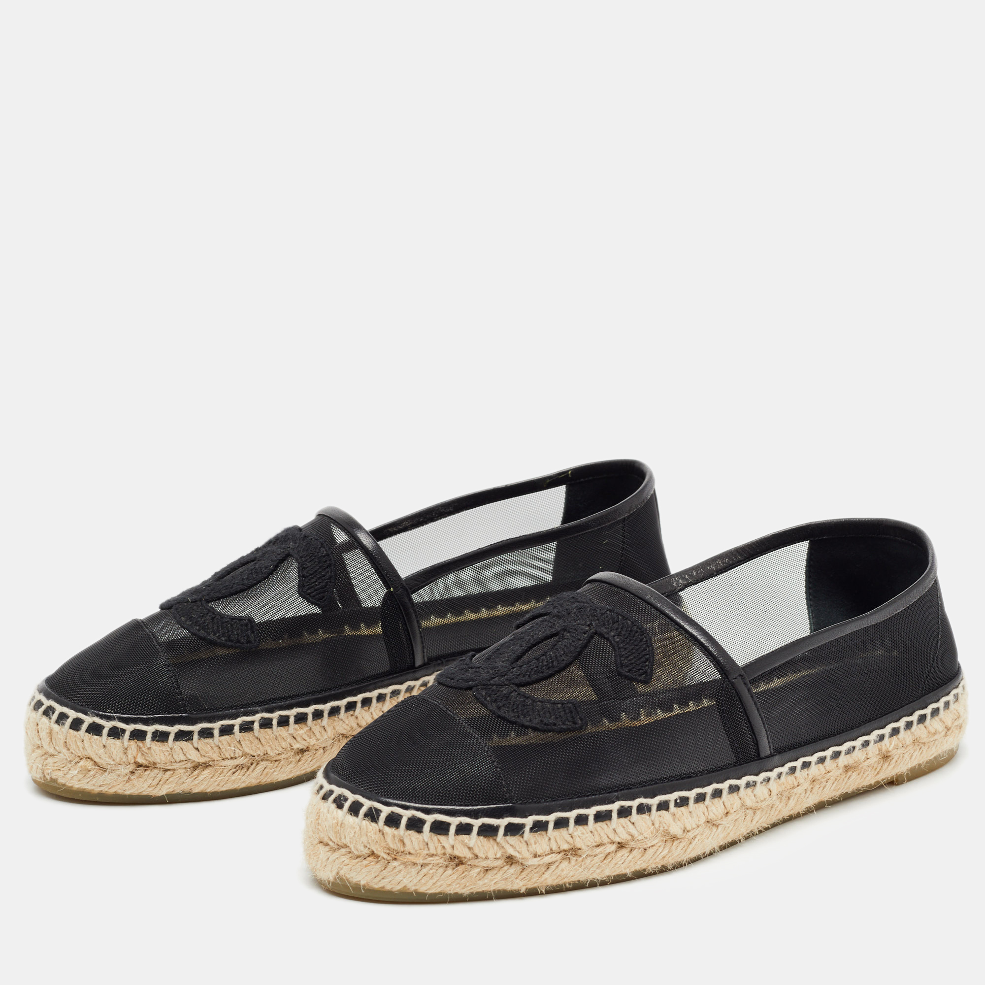 

Chanel Black Mesh and Leather CC Cap Toe Espadrille Flats Size