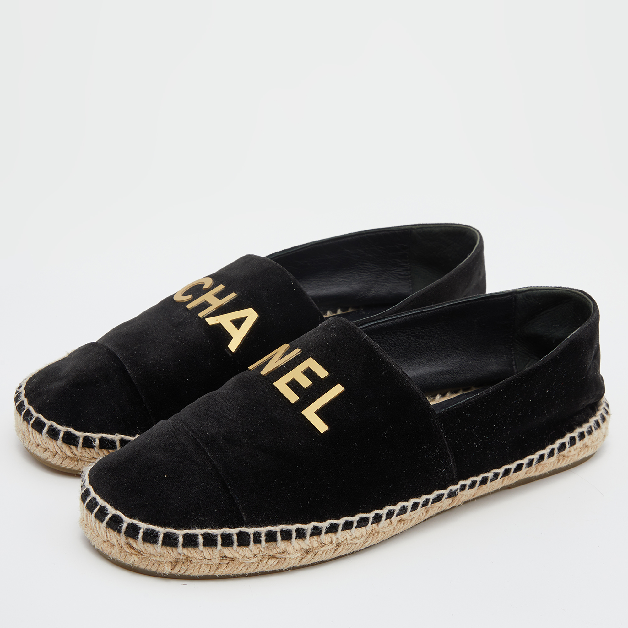 

Chanel Black Velvet CHA NEL Cap Toe Espadrille Flats Size