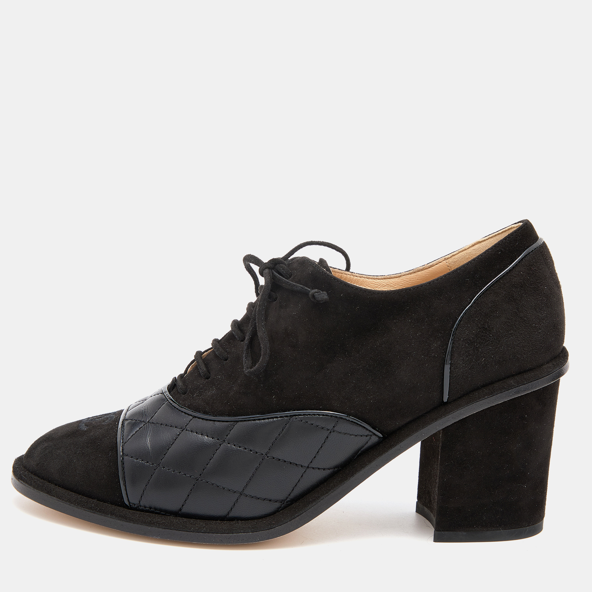 Chanel Black Suede and Leather CC Block Heel Oxford Booties Size 38.5