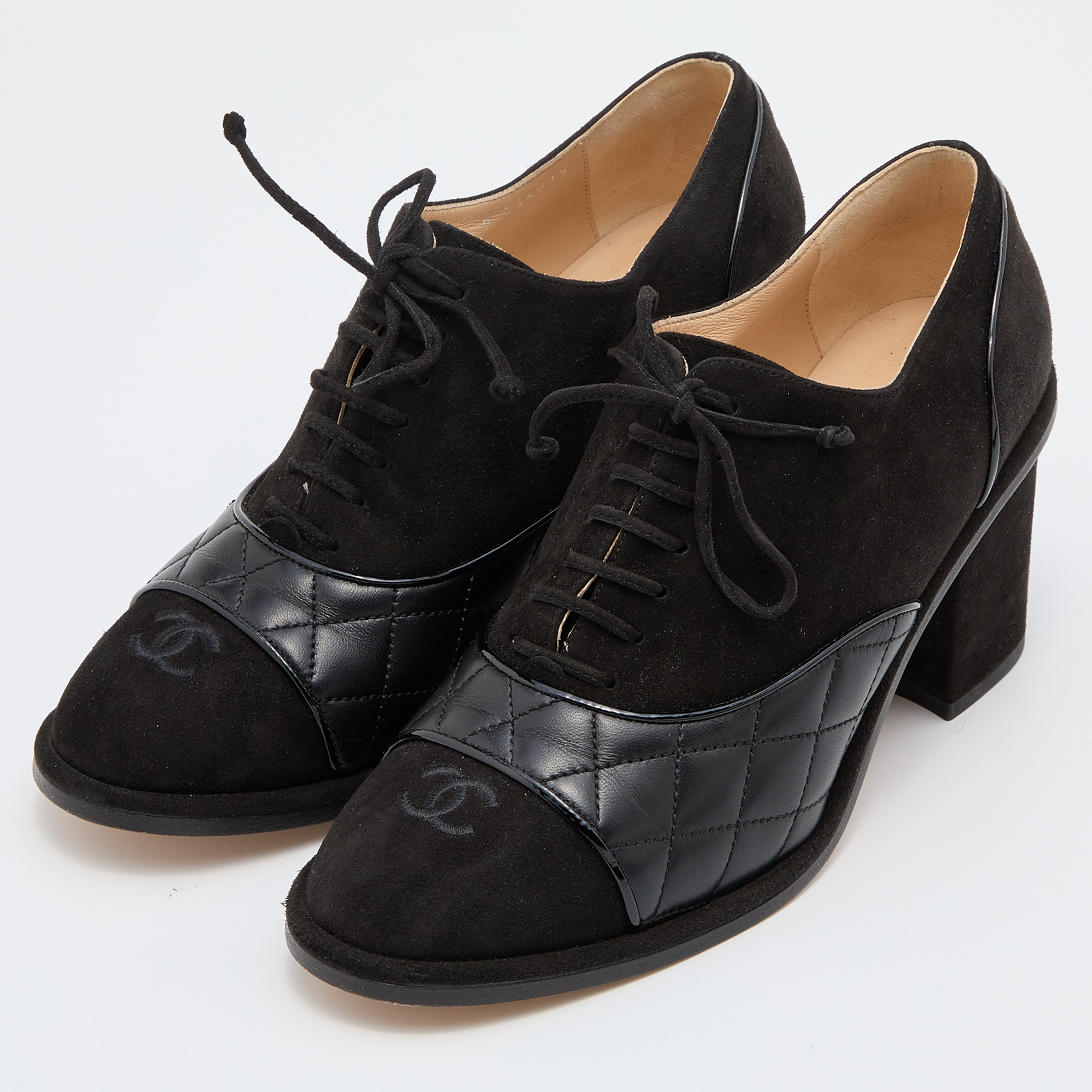 

Chanel Black Suede and Leather CC Block Heel Oxford Booties Size