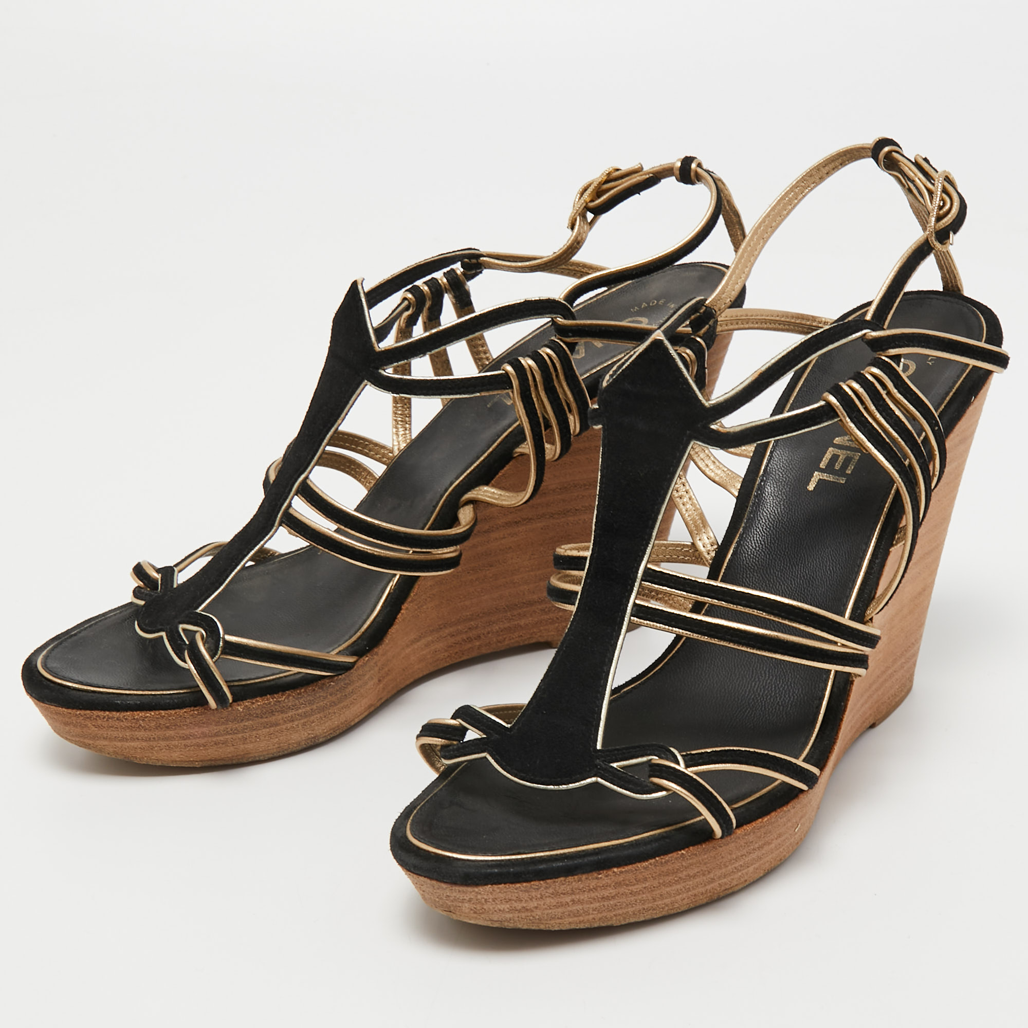 

Chanel Black/Gold Suede and Leather Wedge Sandals Size