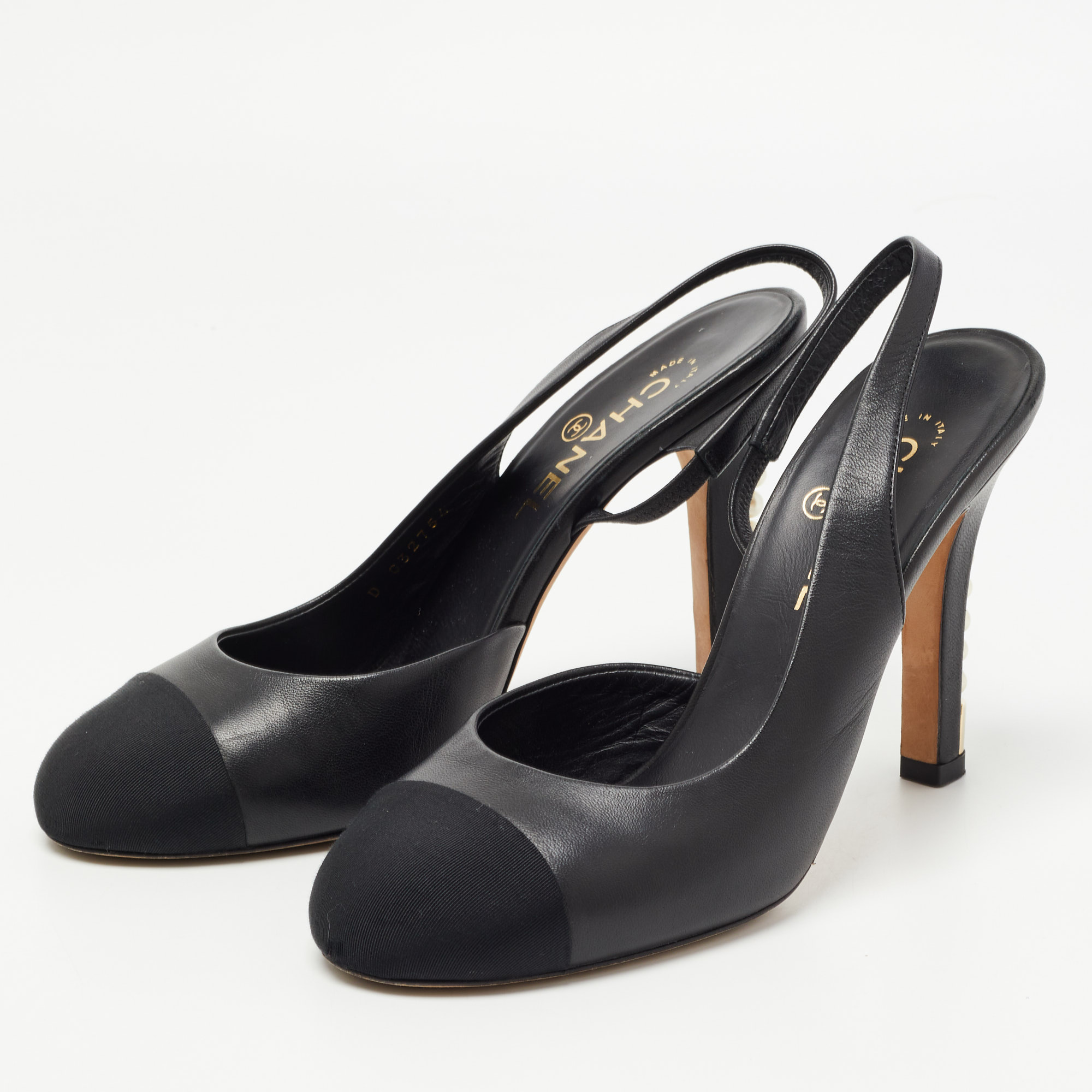 

Chanel Black Leather Pearl Heel Slingback Pumps Size
