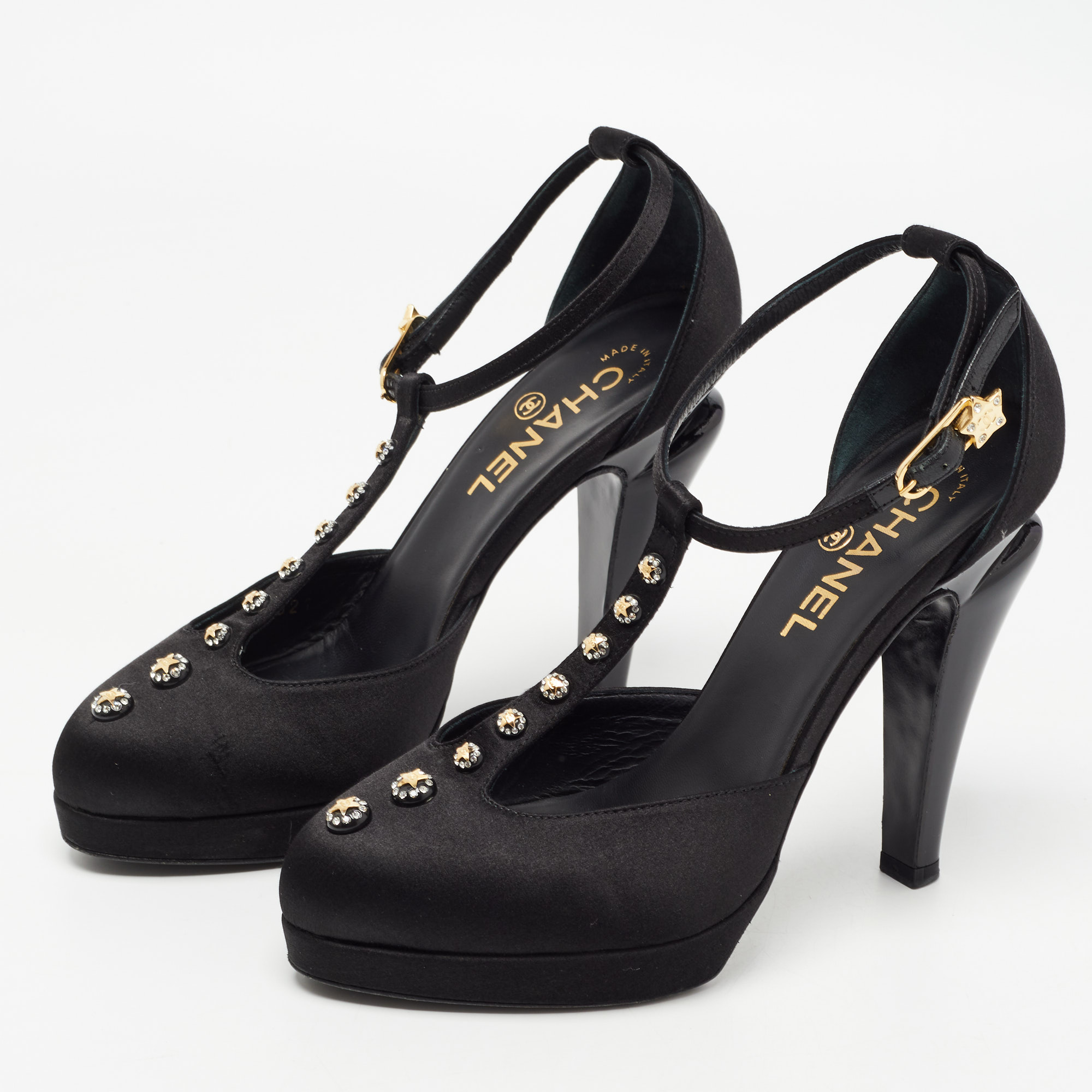 

Chanel Black Satin Studded T-Strap Pumps Size