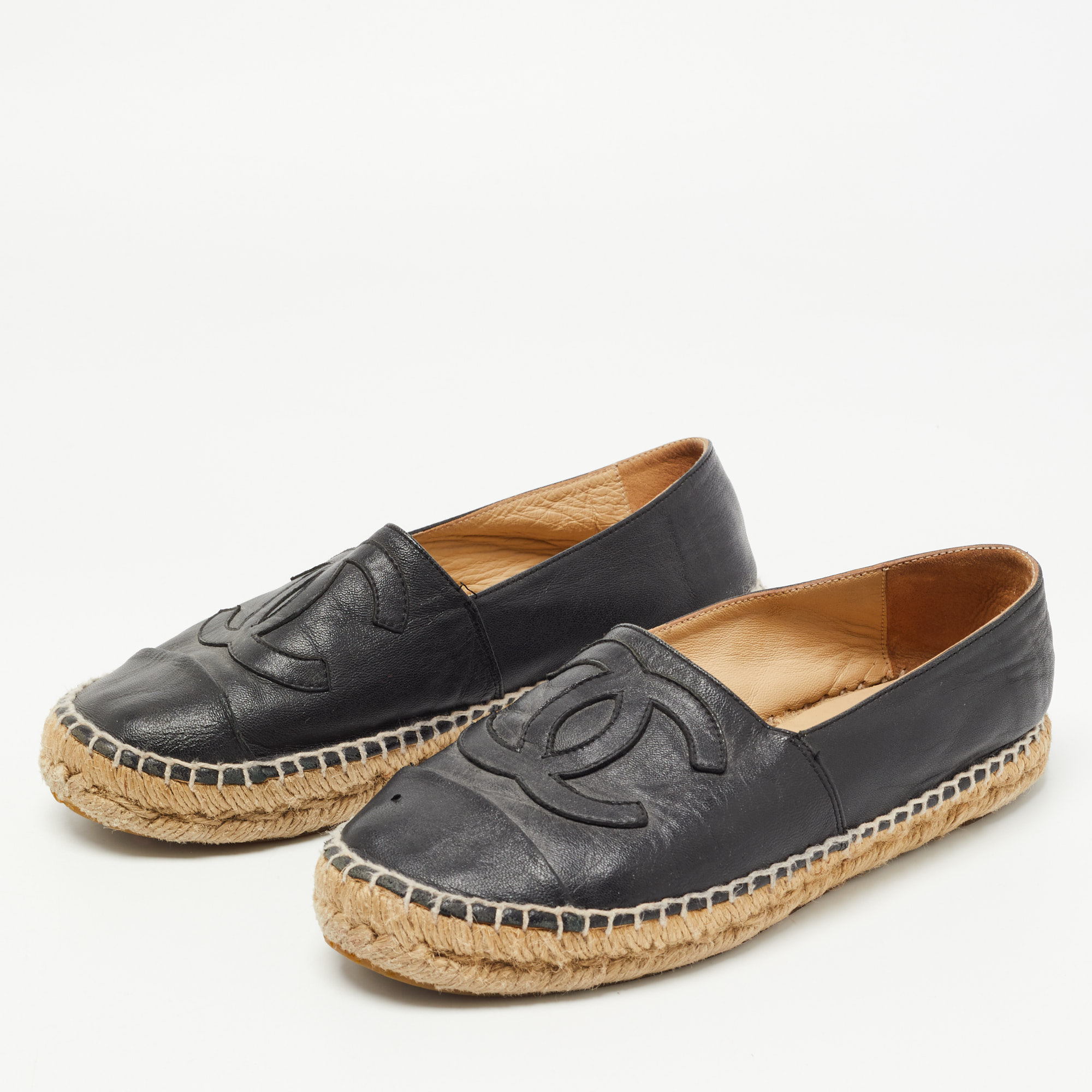 

Chanel Black Leather CC Espadrille Flats Size