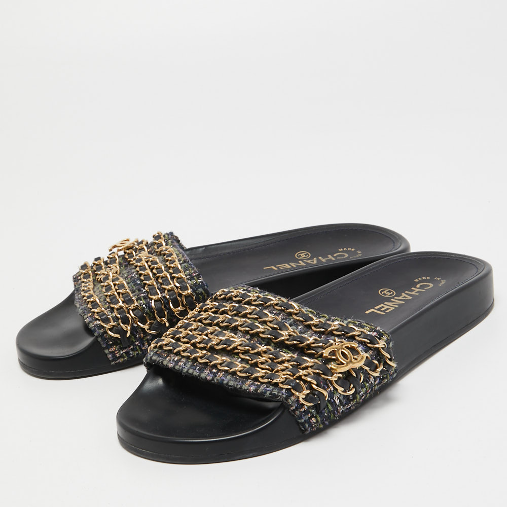 

Chanel Multicolor Tweed and Leather Tropiconic Chain Slides Flats Size