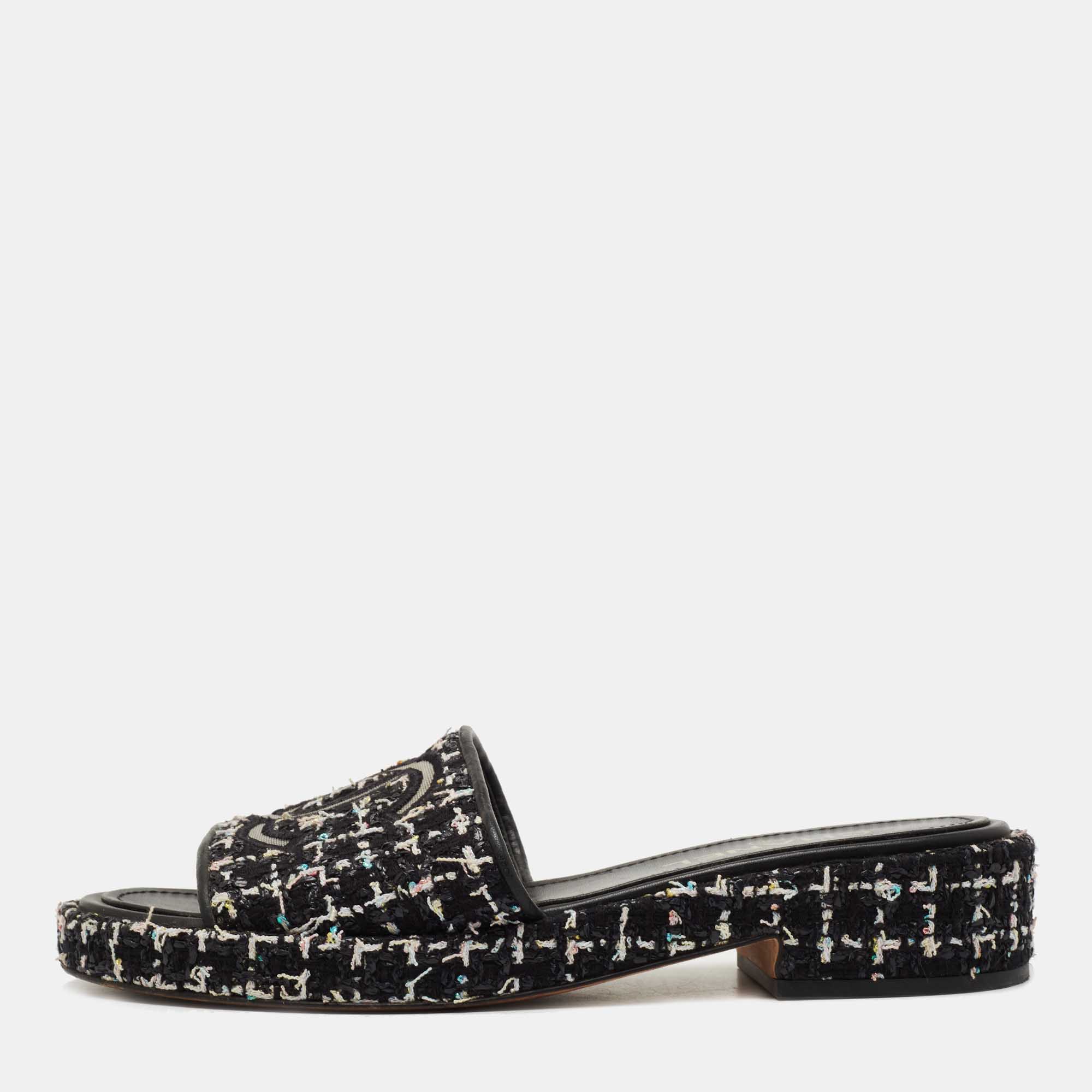 Chanel Black Tweed CC Slide Sandals Size 39