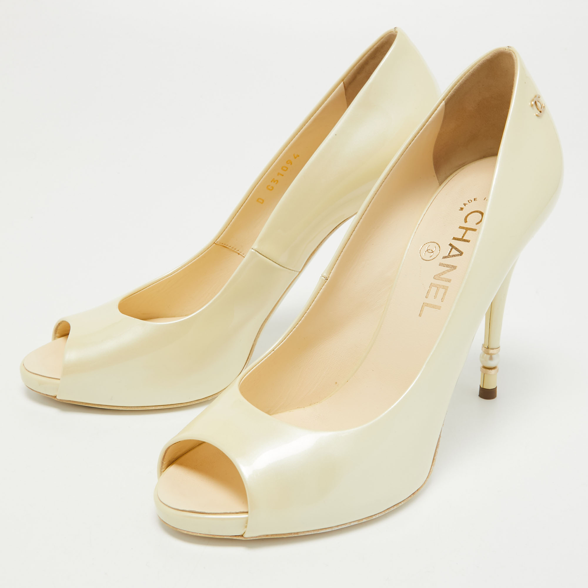 

Chanel Cream Patent Leather Peep Toe Pumps Size