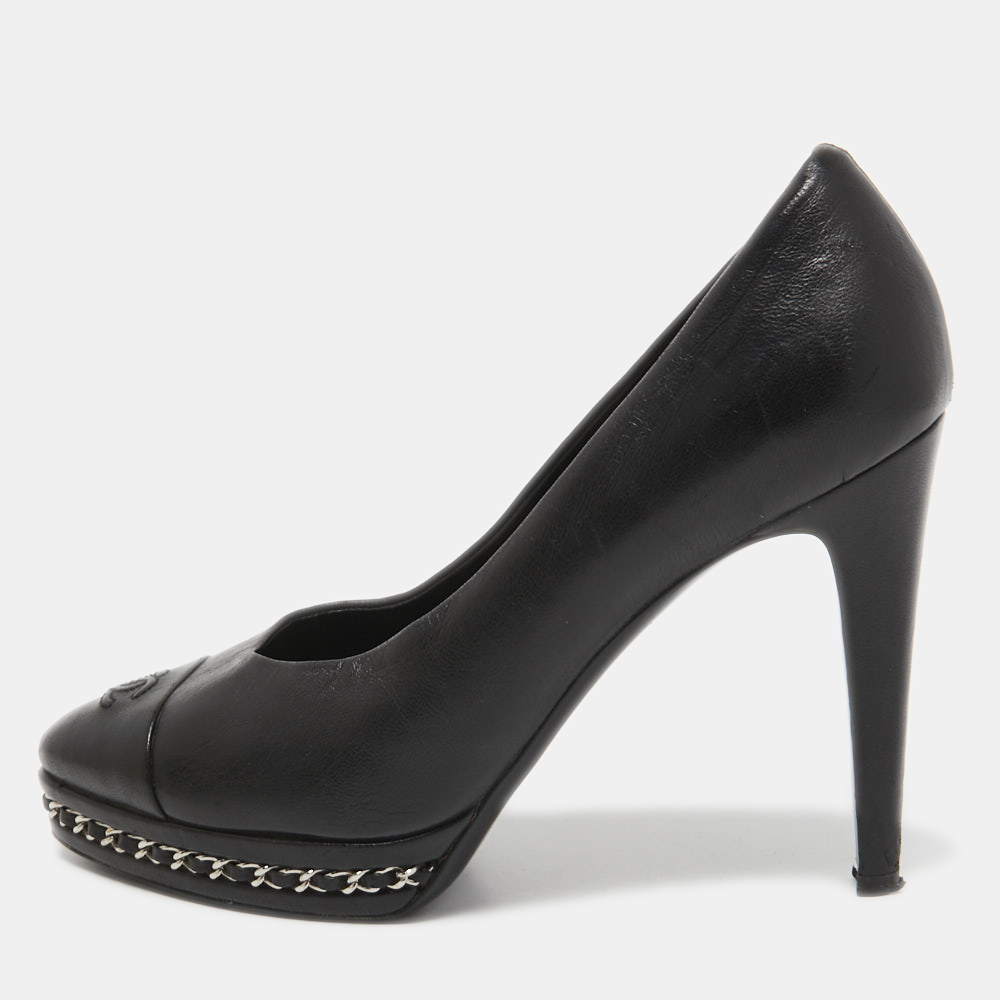 Pre Owned Chanel Black Leather Cap Toe Chain Platform Pumps Size 38