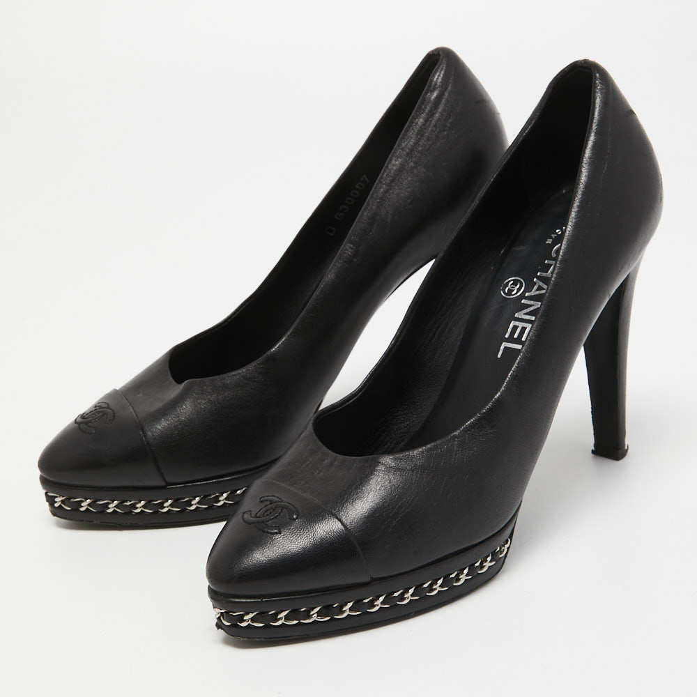 

Chanel Black Leather Cap Toe Chain Platform Pumps Size