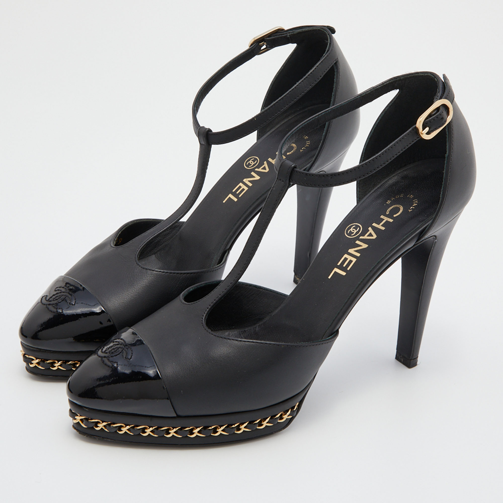 

Chanel Black Leather Chain Link CC Cap Toe T-Strap Platform Pumps Size
