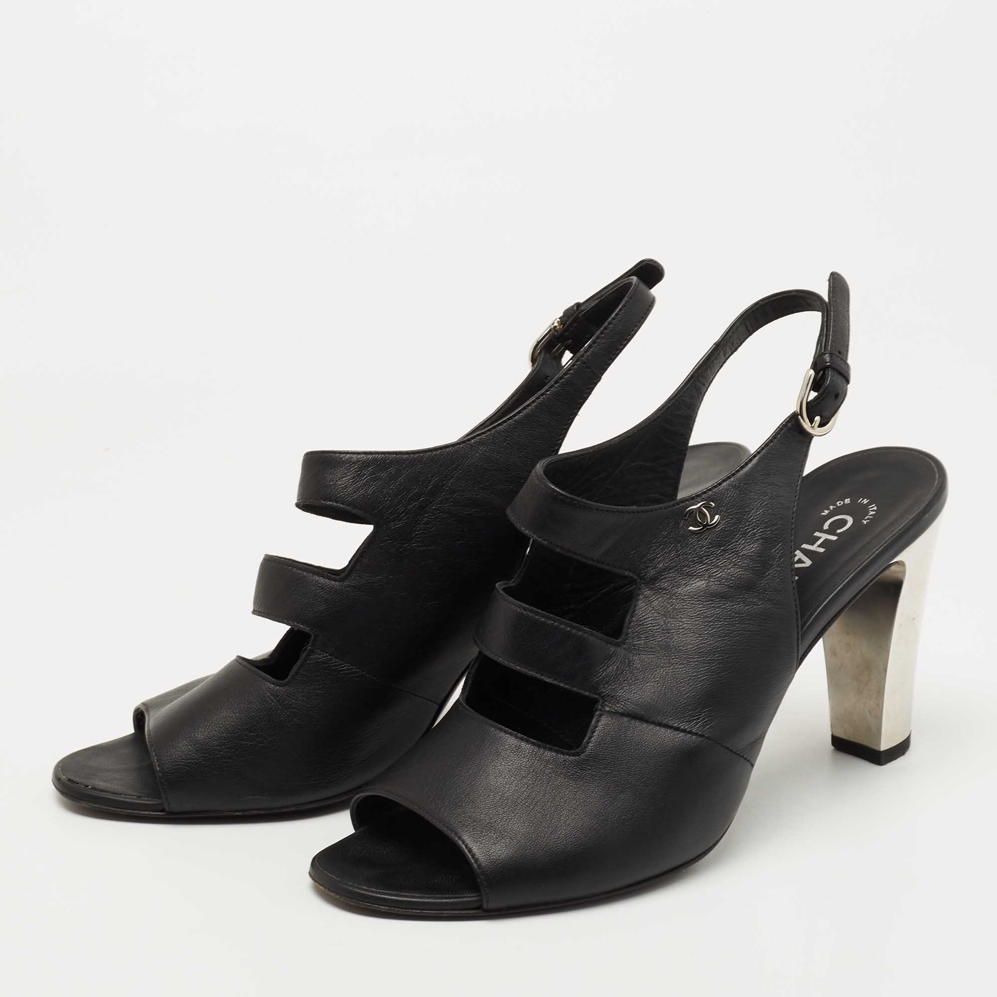 

Chanel Black Leather CC Cutout Ankle Strap Sandals Size