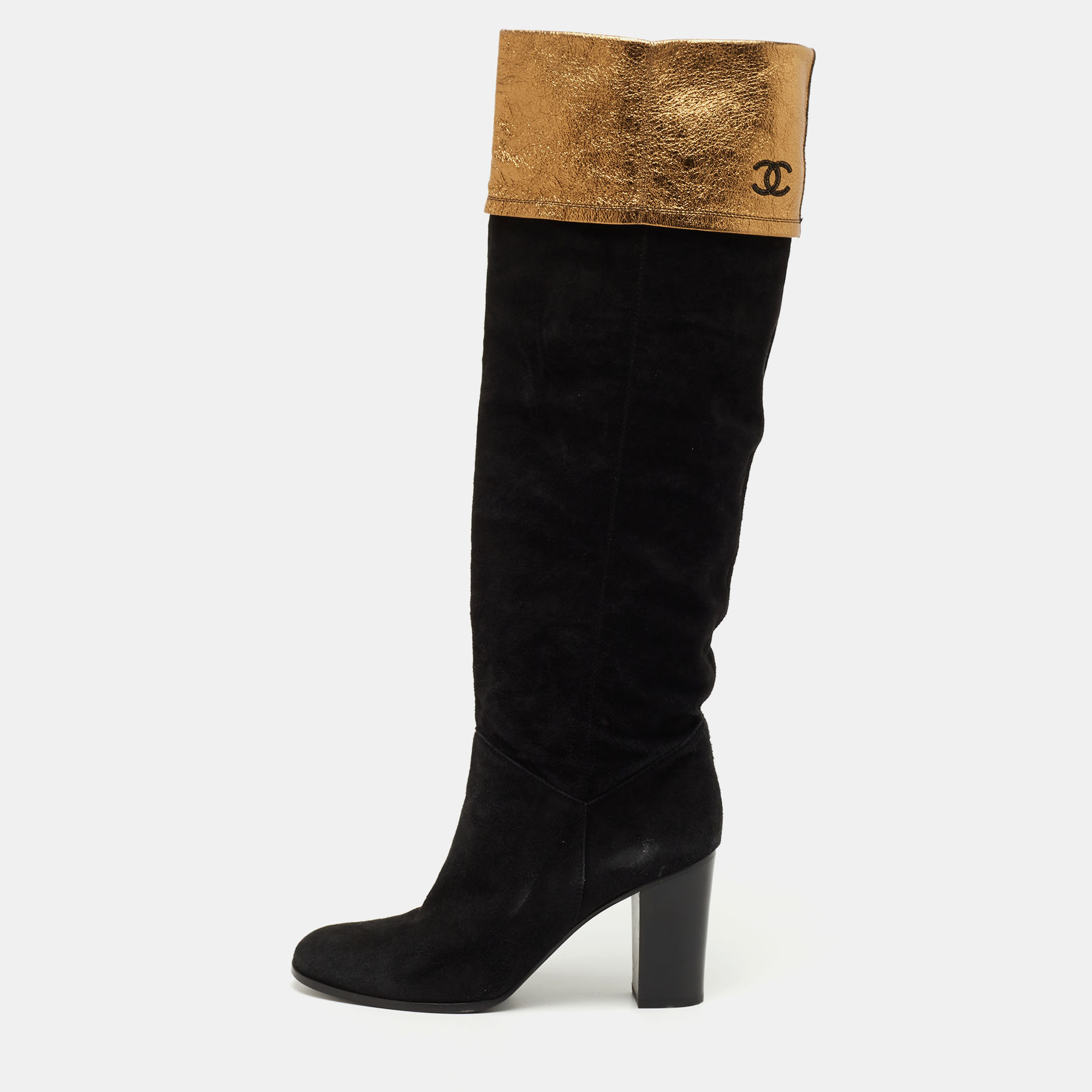 Chanel Black/Gold Suede and Leather Knee Length Boots Size 41