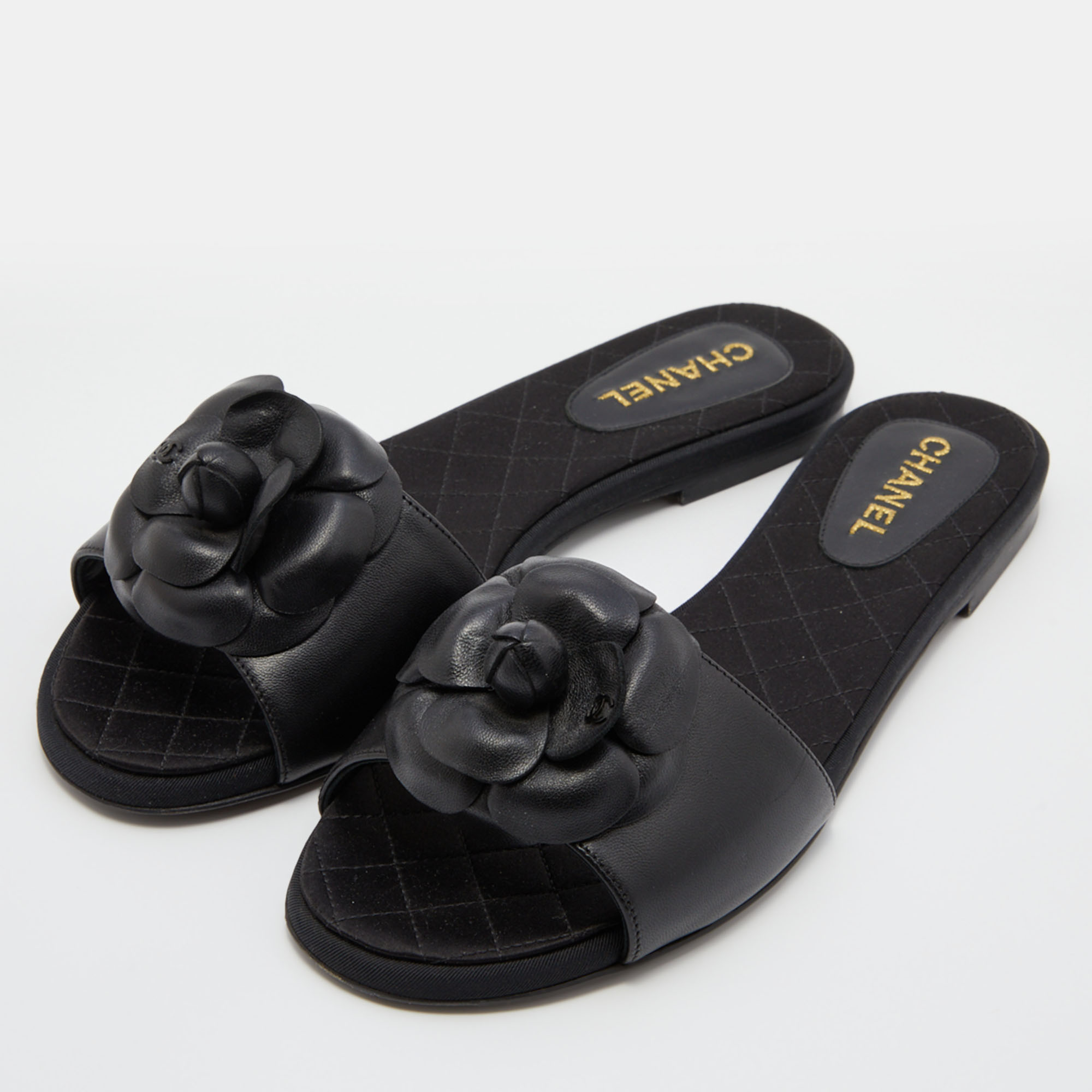 

Chanel Black Leather CC Camellia Slide Flat Slides Size