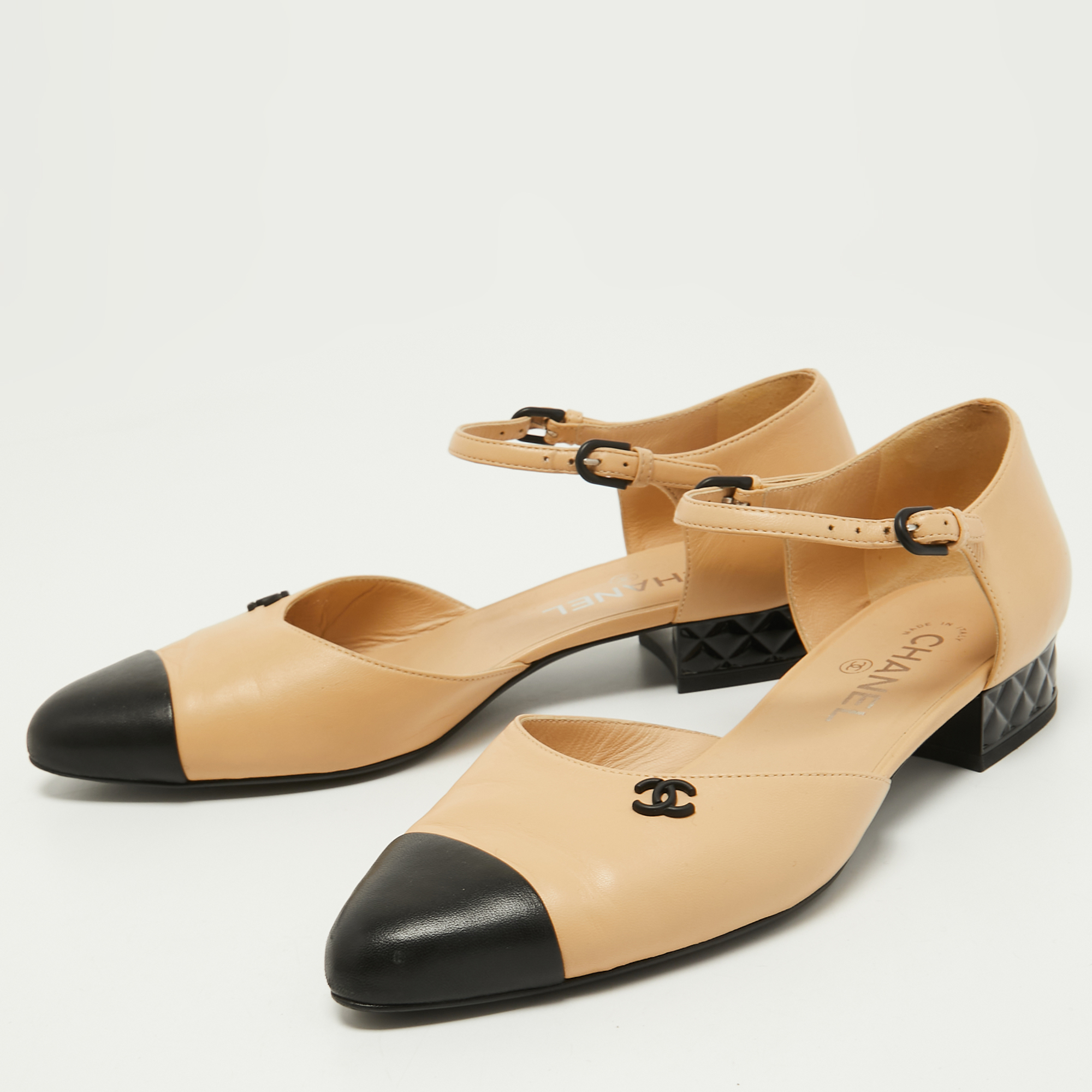 

Chanel Beige/Black Leather CC D'Orsay Ankle Strap Pumps Size