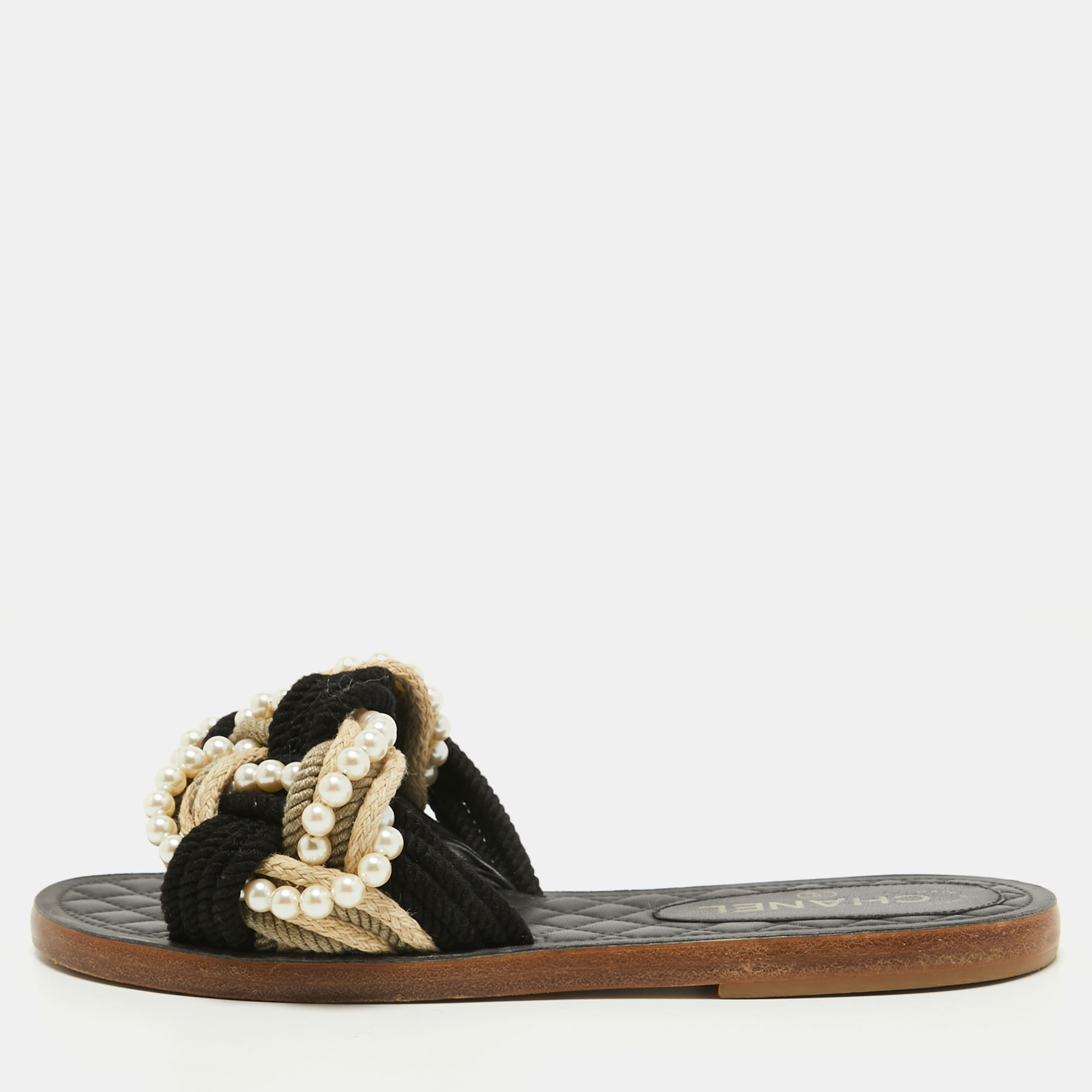 Pre Owned Chanel Black Woven Fabric Cuba Braid Pearl Flat Slides Size 39