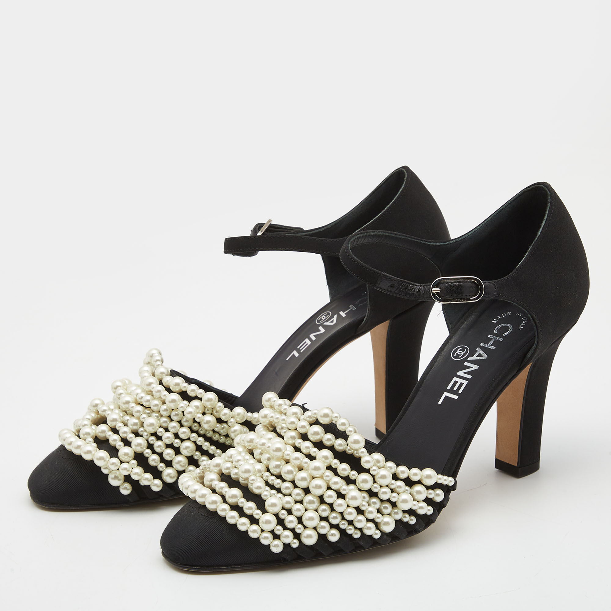 

Chanel Black Canvas Pearl Embellished CC Ankle Strap Pumps Size