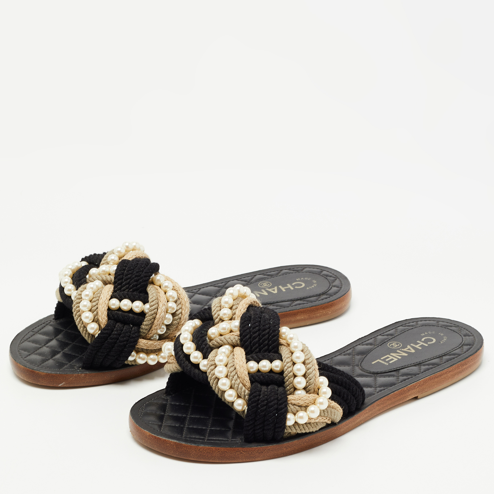 

Chanel Black Woven Fabric Cuba Braid Pearl Flat Slides Size, Beige