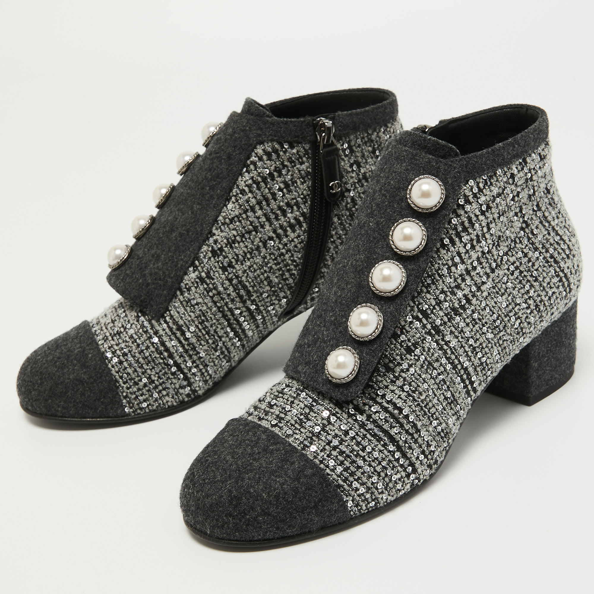 

Chanel Grey Embellished Tweed Faux Pearl Ankle Boots Size