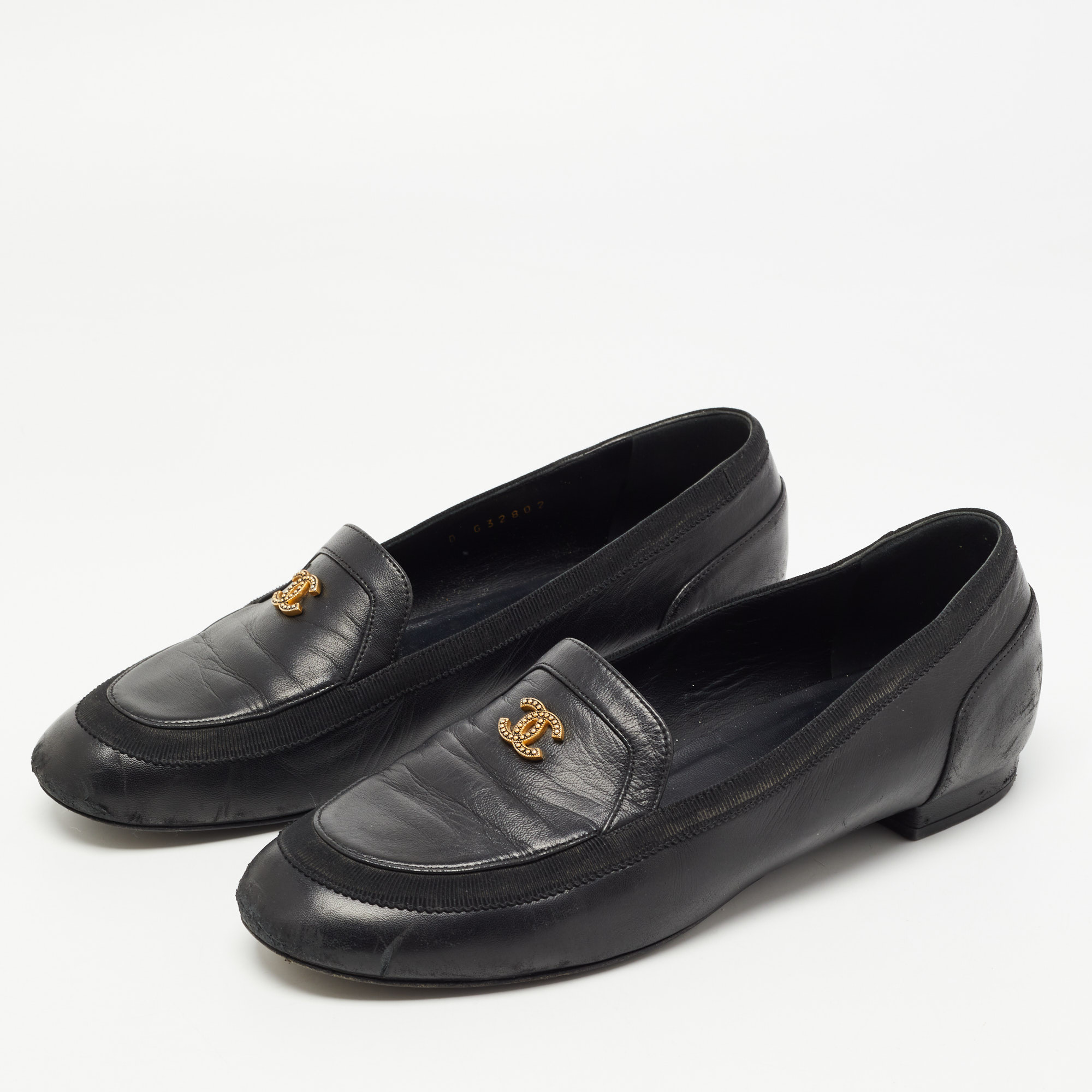 

Chanel Black Leather CC Loafers Size
