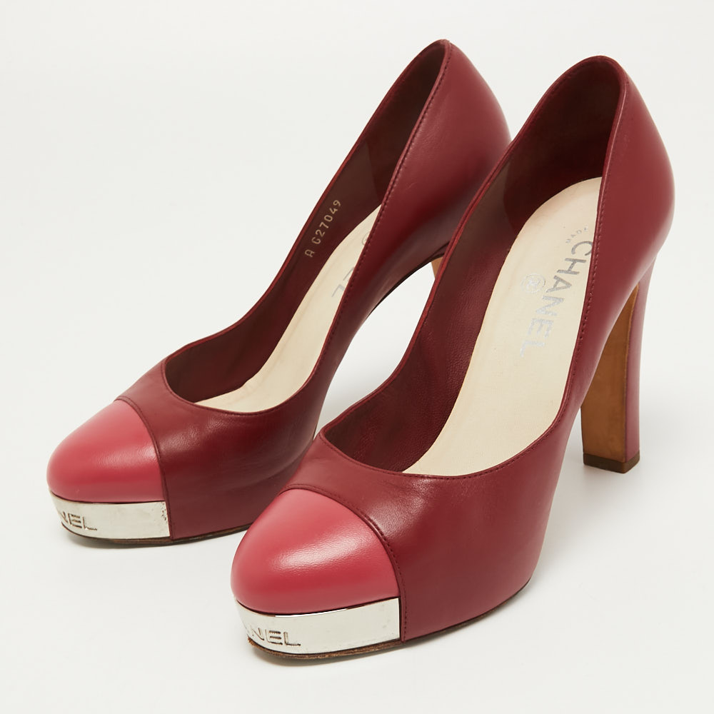 

Chanel Red/Pink Leather CC Cap Toe Block Heel Platform Pumps Size