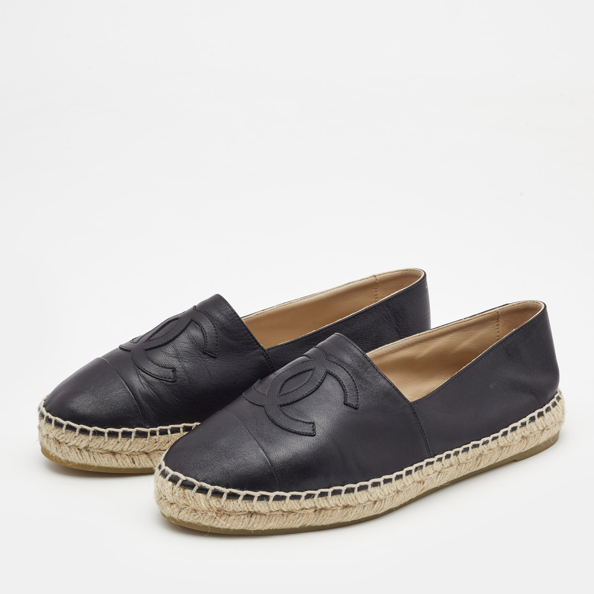 

Chanel Black Leather CC Espadrille Flats Size
