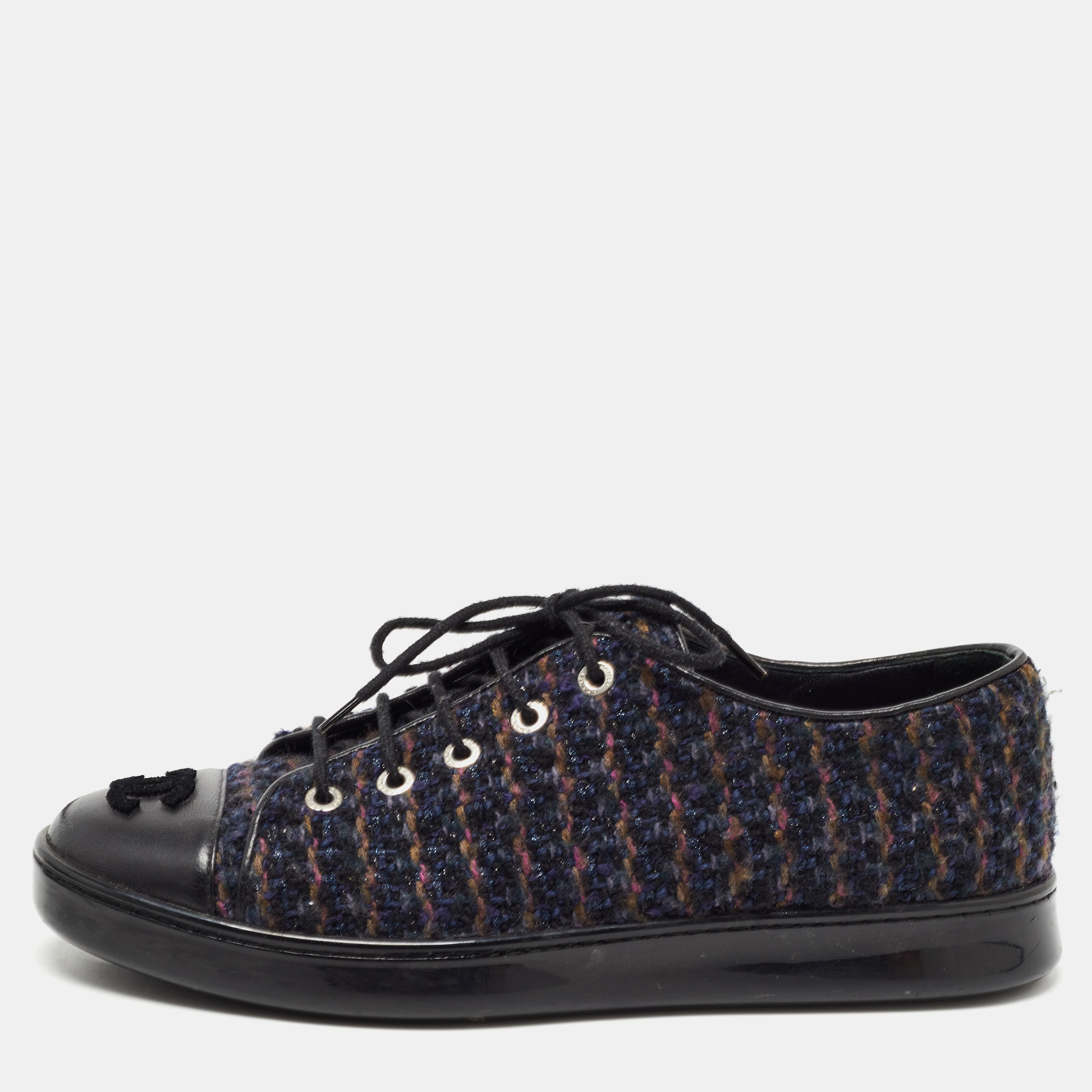 Chanel Blue/Black Tweed and Leather Cap Toe CC Low Top Sneakers Size   Chanel | TLC