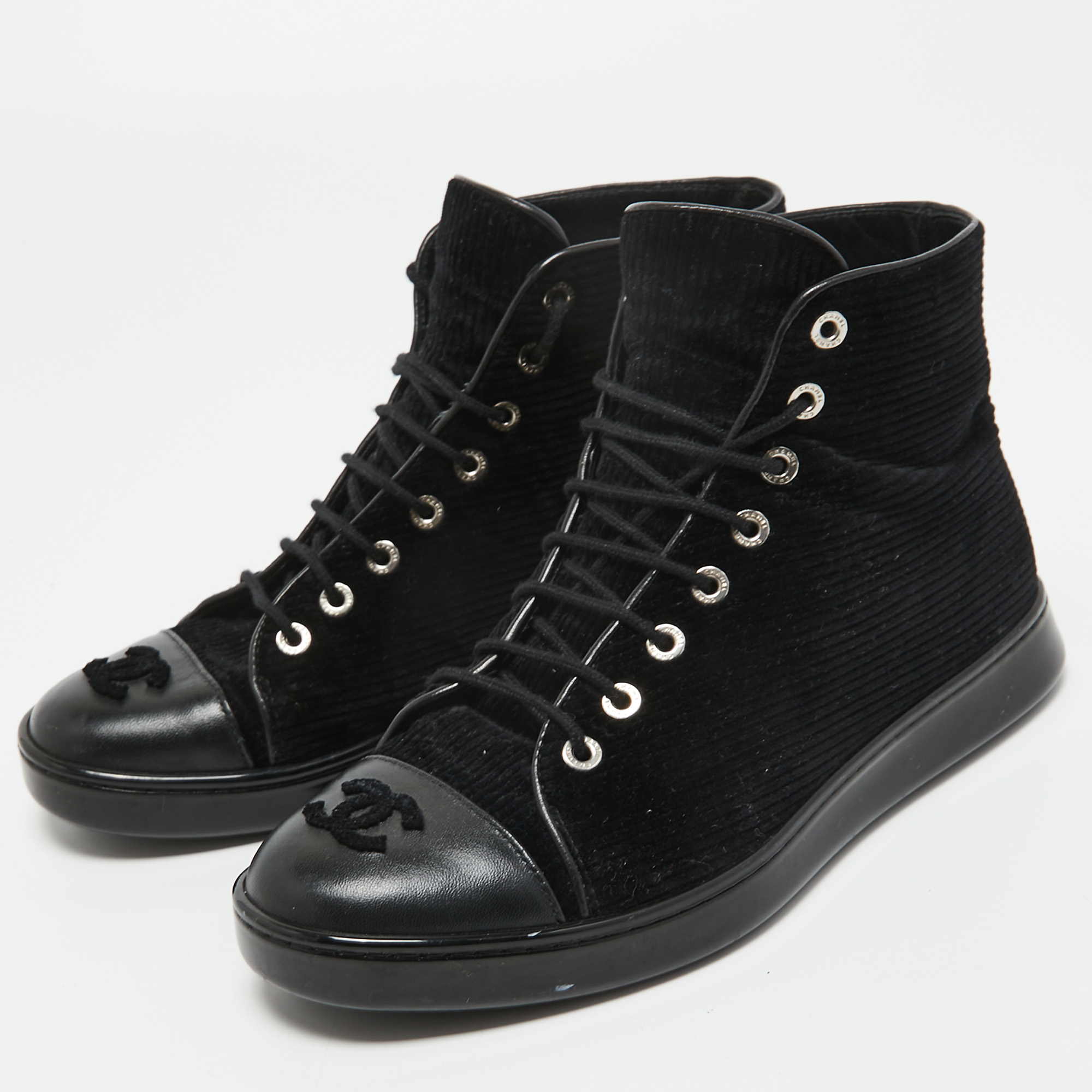 

Chanel Black Corduroy and Leather Cap Toe CC High Top Sneakers Size