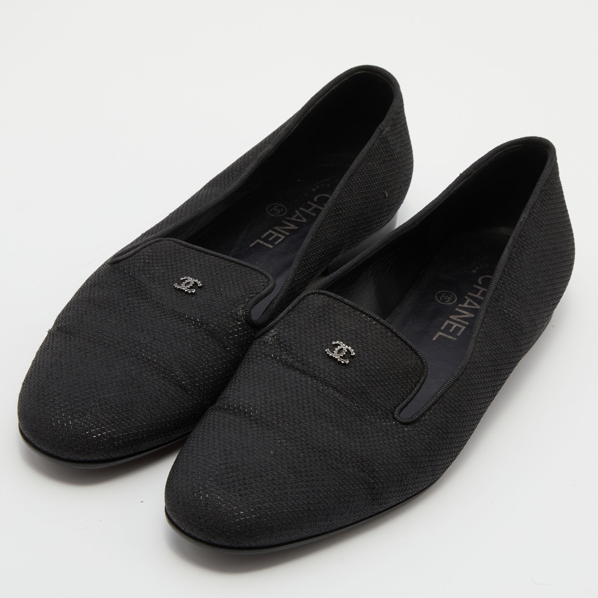 

Chanel Black Fabric CC Slip On Smoking Slippers Size