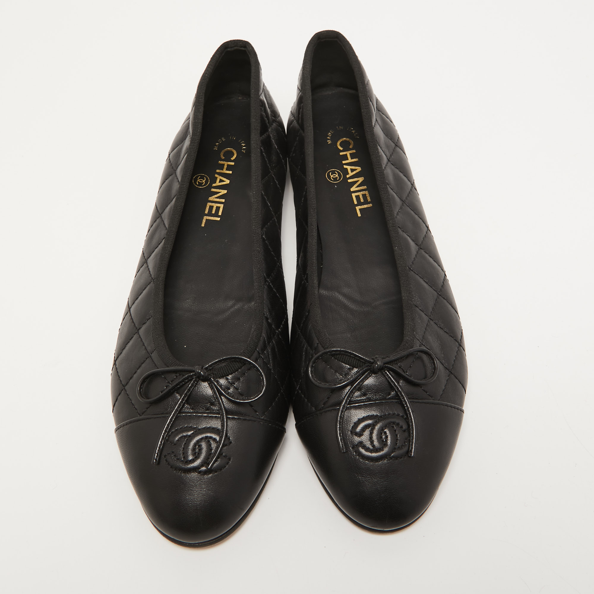 Chanel Black Leather CC Cap Toe Ballet Flats Size 40.5 Chanel