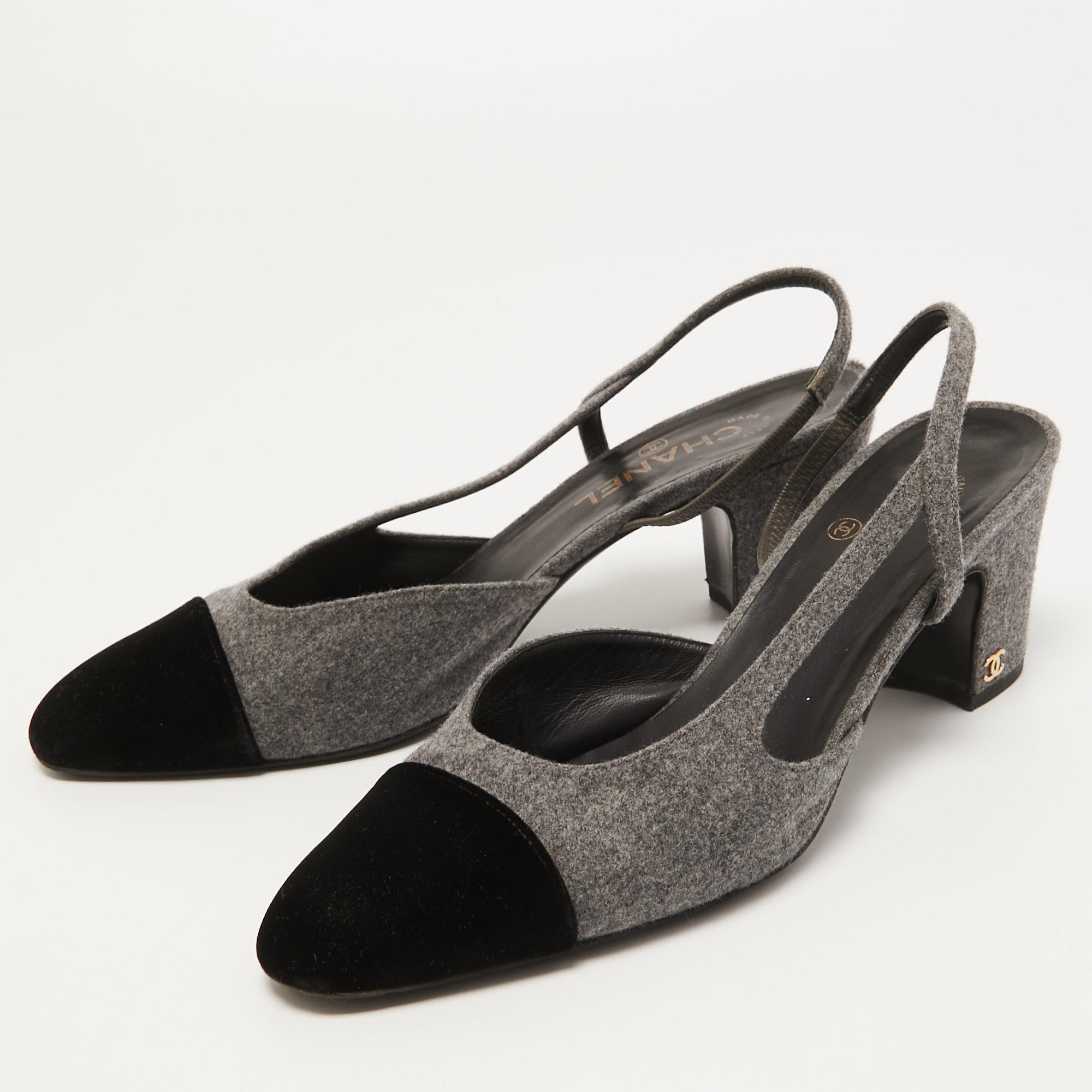 Chanel Grey/Black Velvet and Fur CC Block Heel Slingback Pumps Size 41