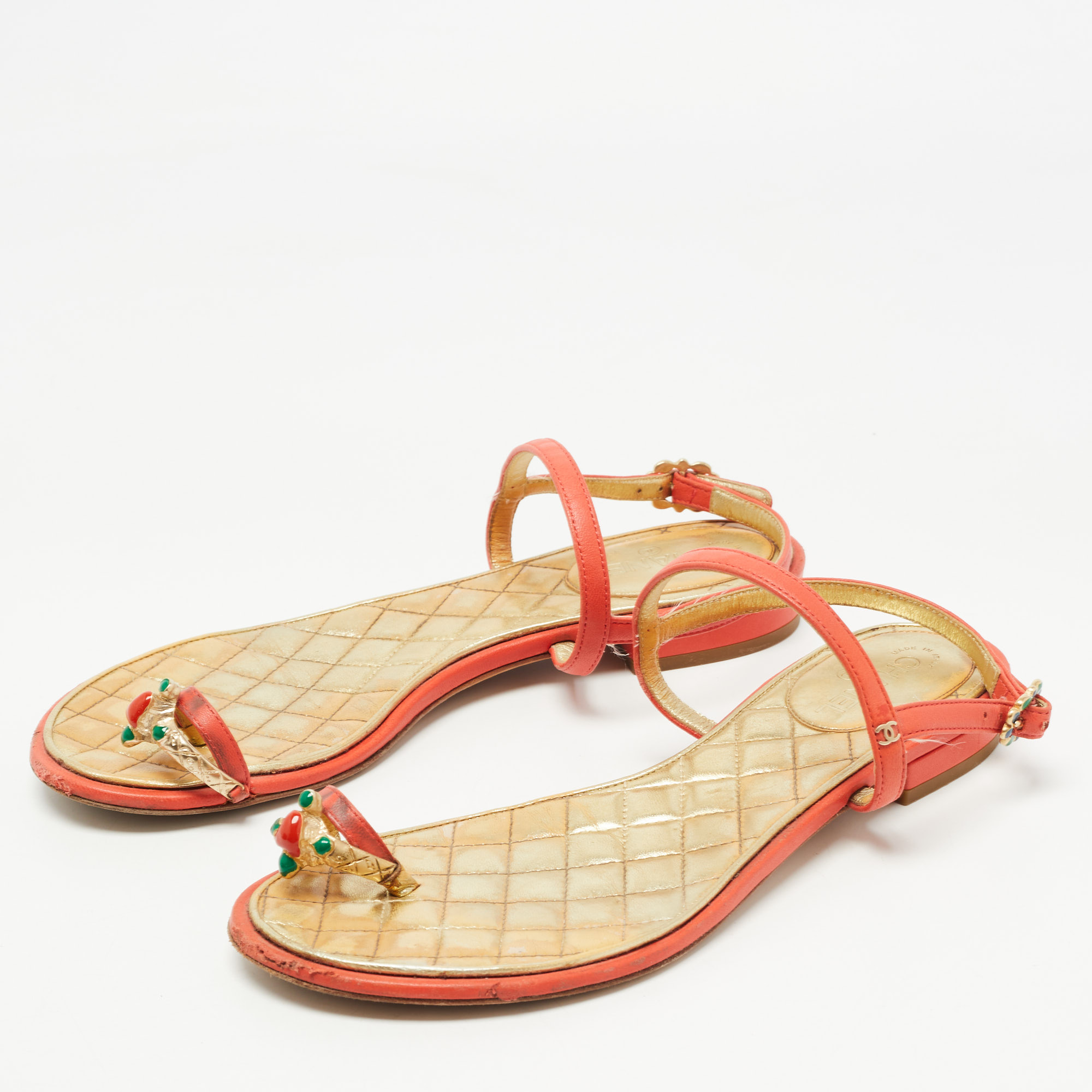 

Chanel Orange Leather Enamel Embellished Toe Ring Ankle Strap Flat Sandals Size