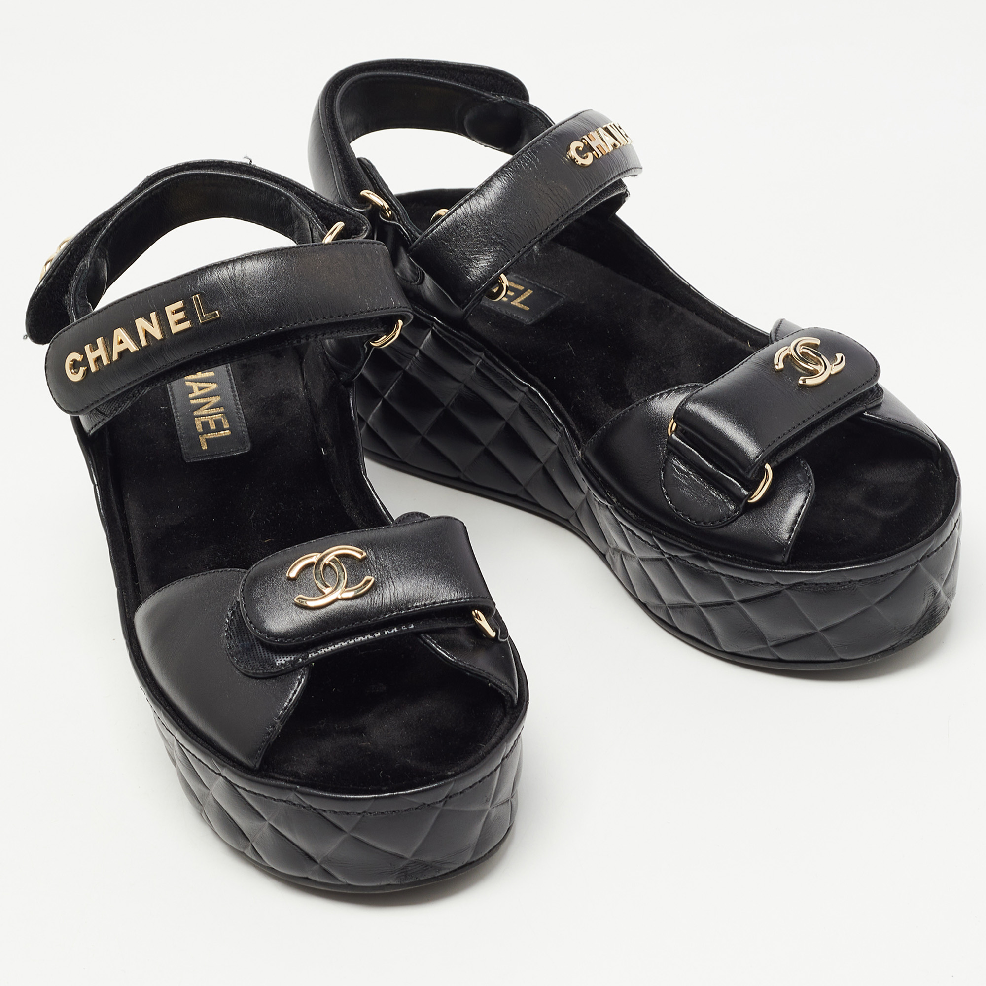 CHANEL Shiny Calfskin Quilted Wedge Sandals 38 Black 914125