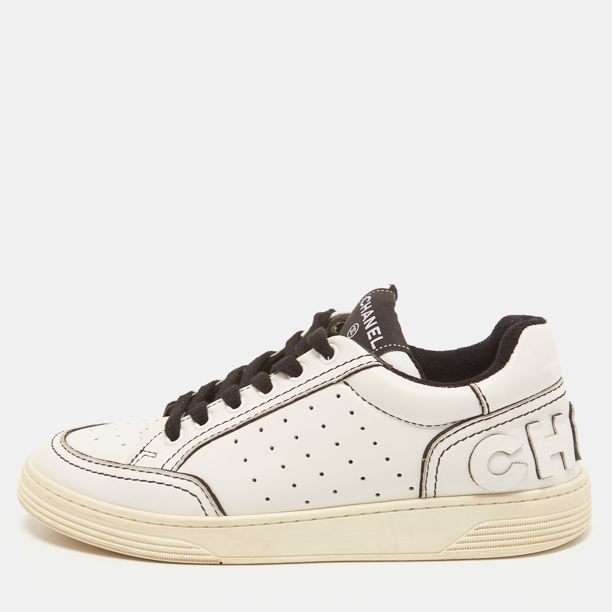 Chanel White/Black Perforated Leather Logo Low Top  Sneakers Size 38