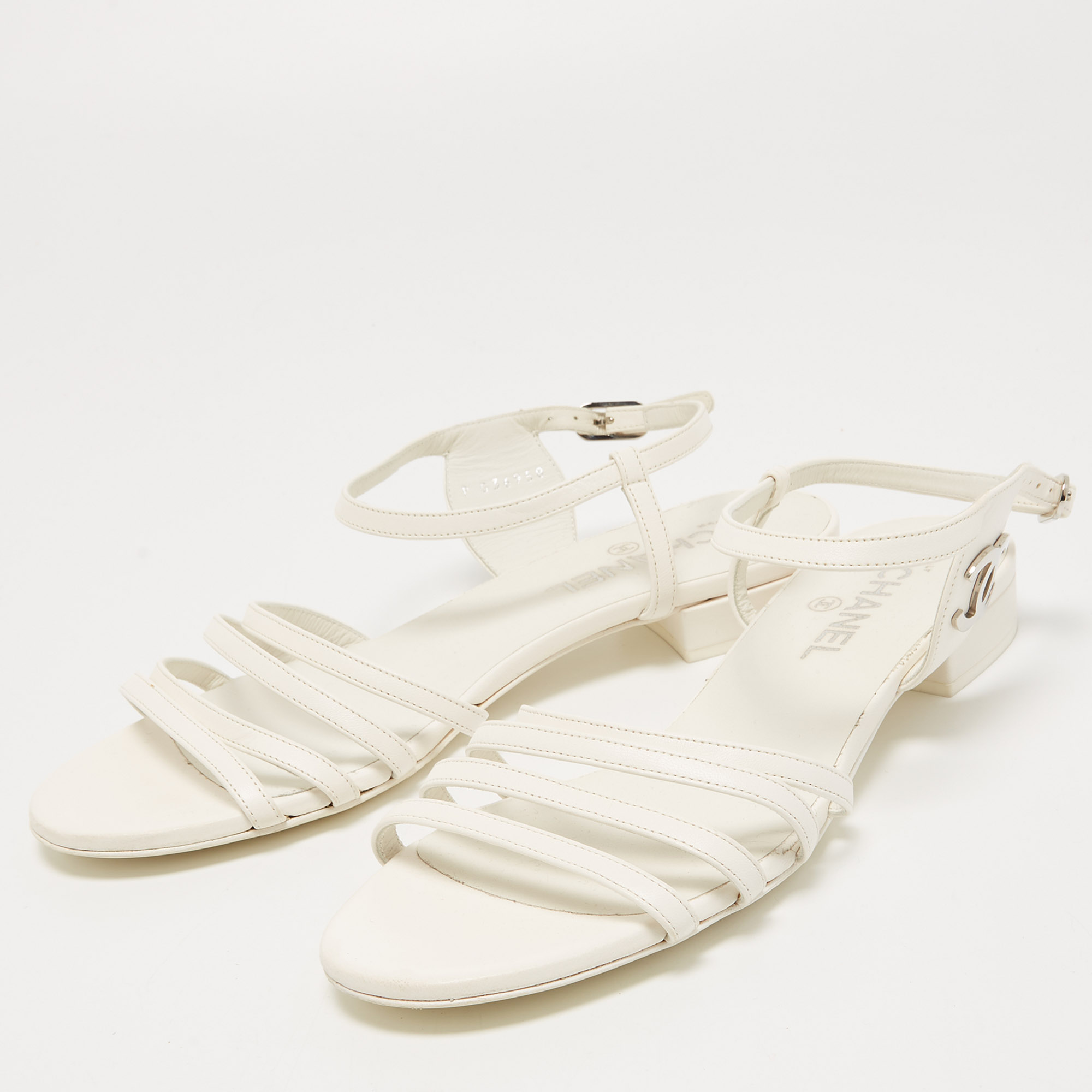 

Chanel White Leather CC Strappy Sandals Size