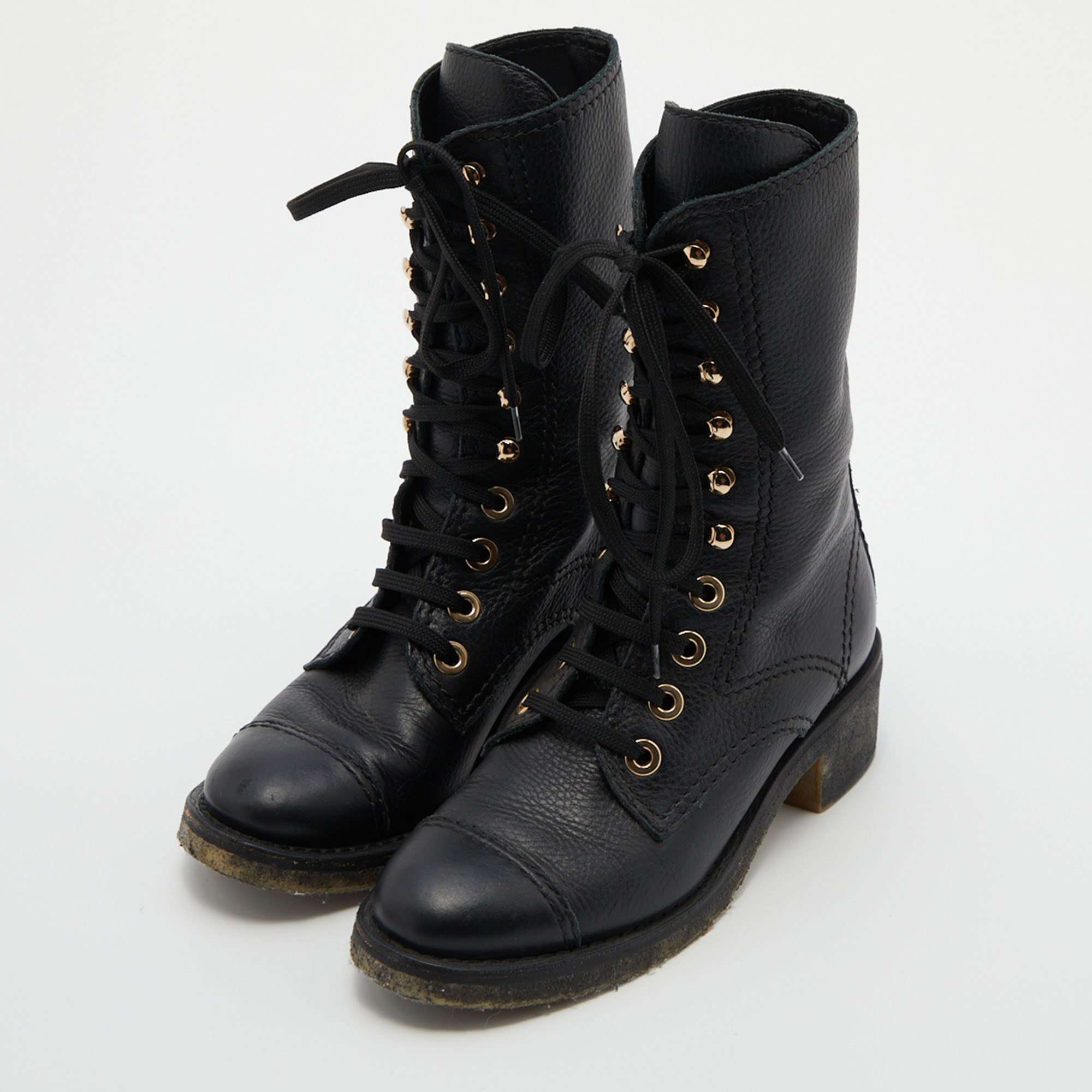 

Chanel Black Leather Lace Up Boots Size