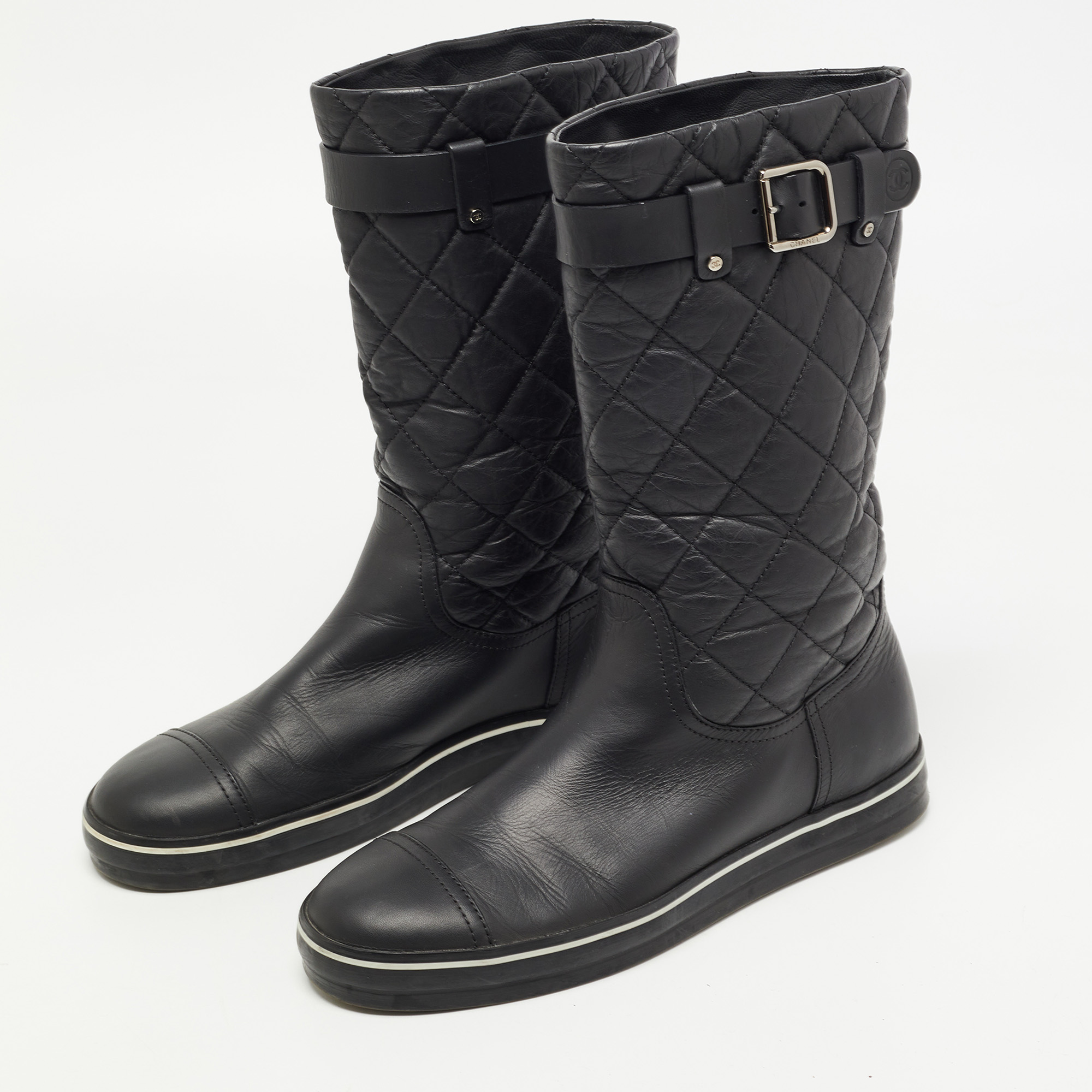 

Chanel Black Quilted Leather Mid Calf Length Boots Size