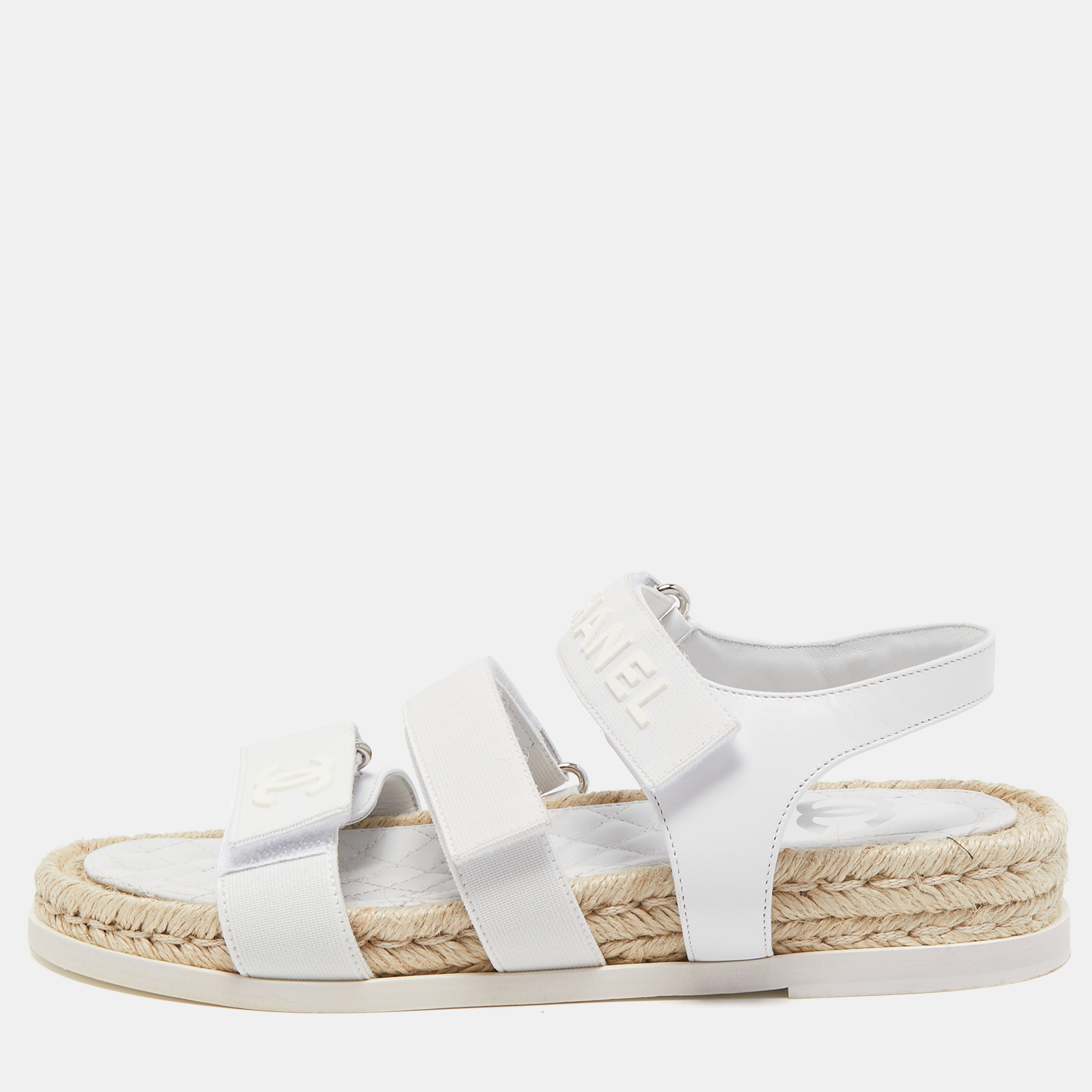 Pre Owned Chanel White Leather Ankle Strap Espadrille Sandals Size 38
