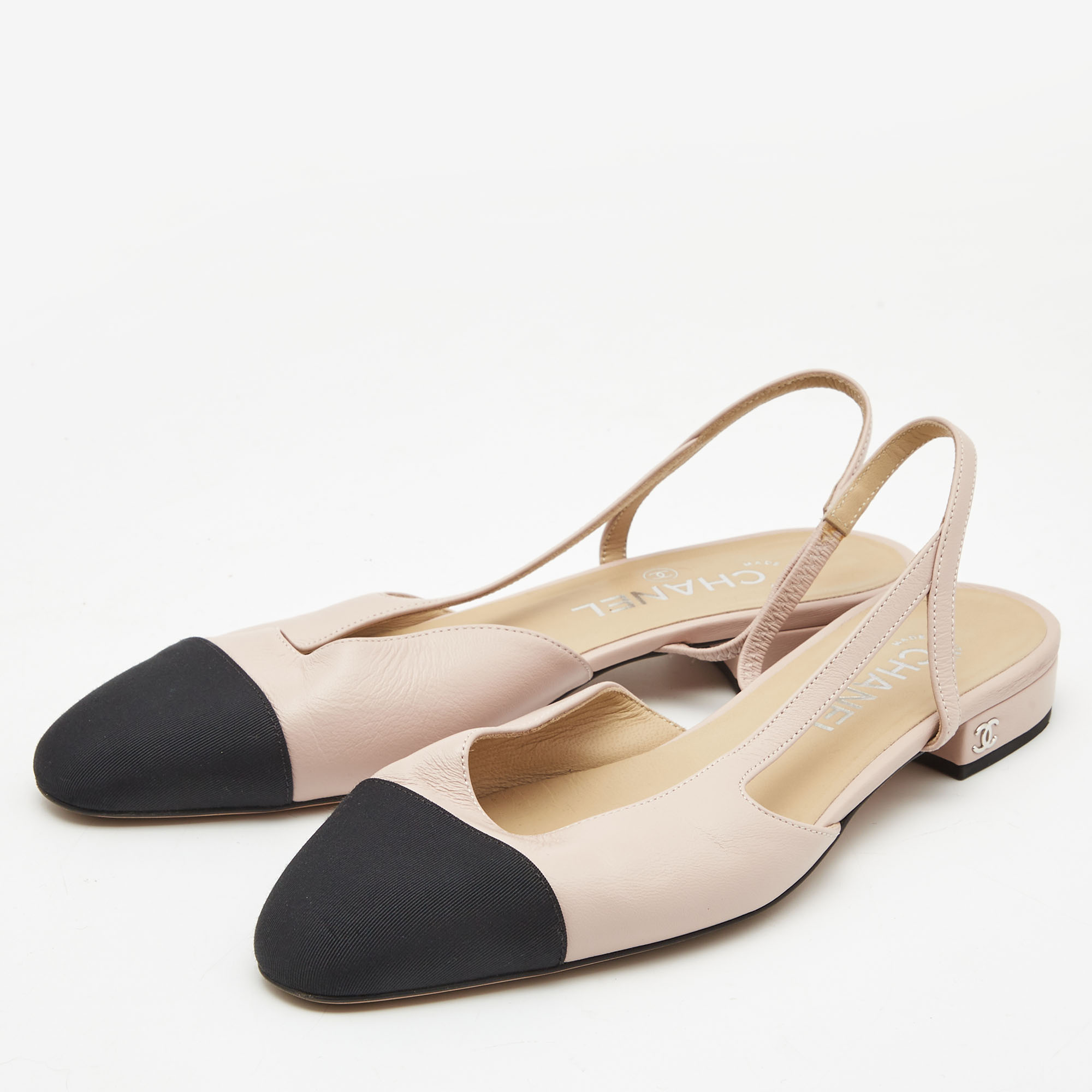 

Chanel Pink/Black Leather and Canvas CC Slingback Flats Size