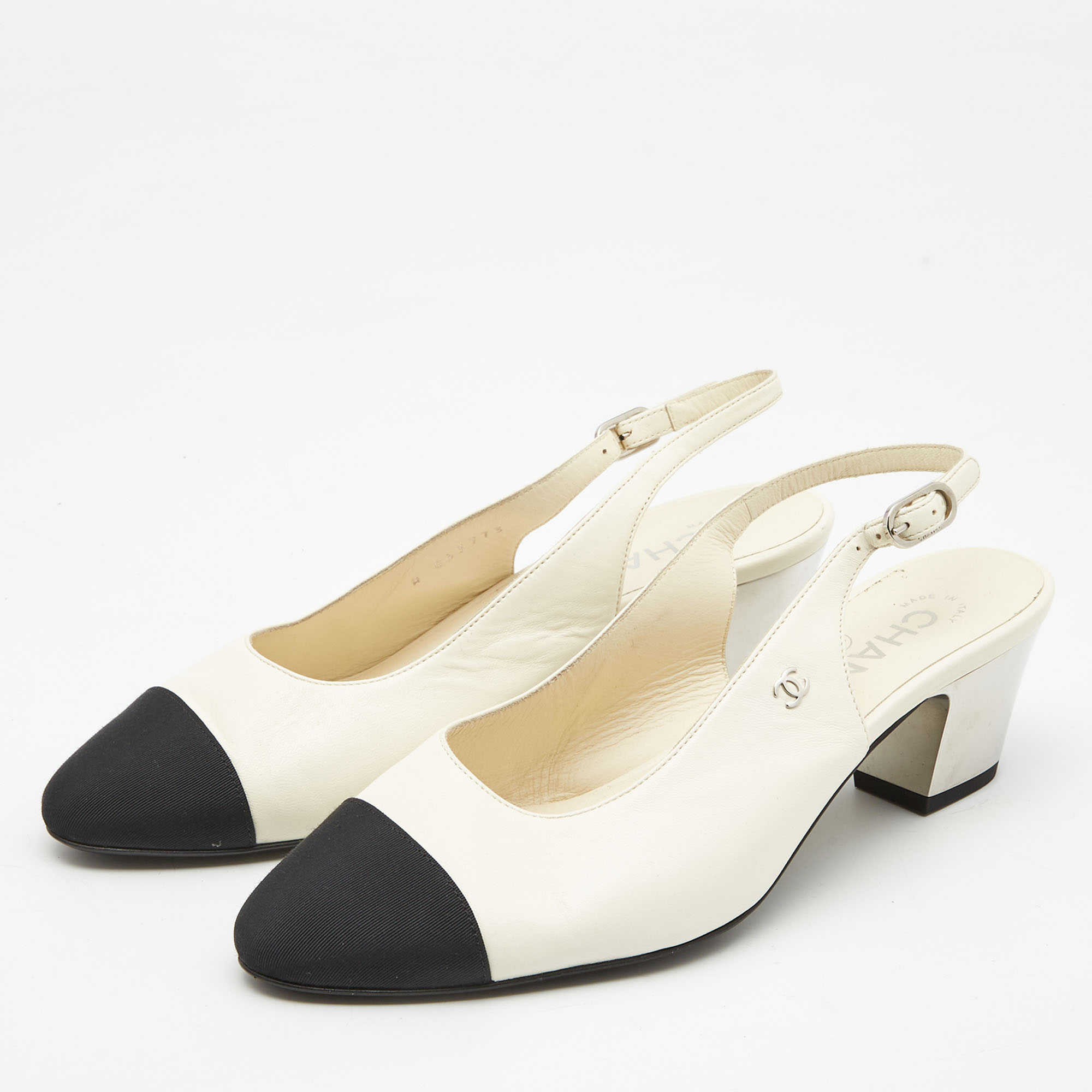 

Chanel Cream/Black Canvas and Leather CC Slingback Pumps Size