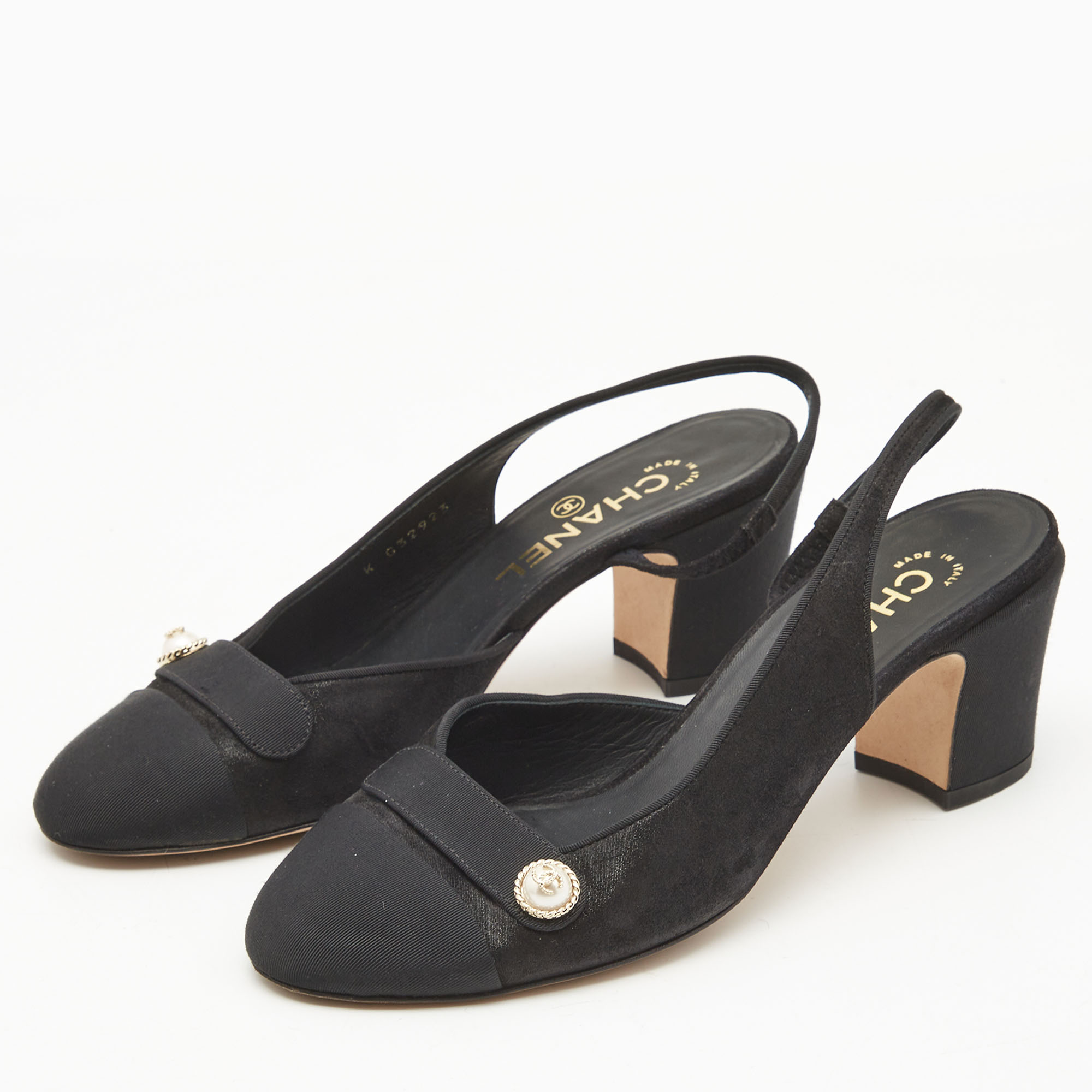 

Chanel Black Suede and Canvas CC Slingback Pumps Size Size