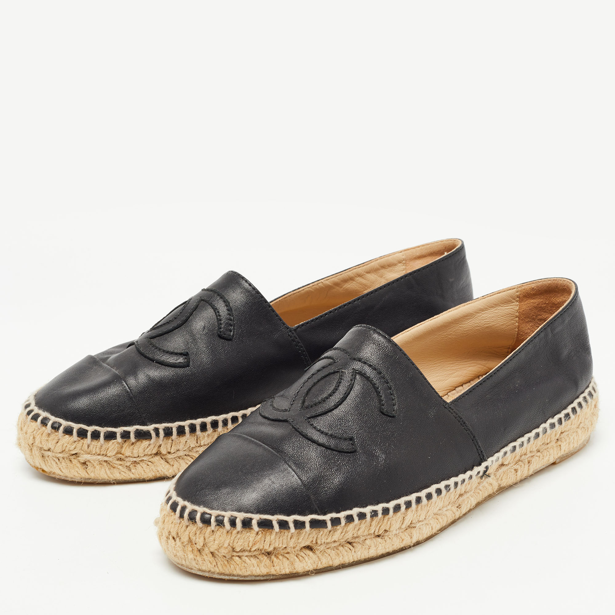 

Chanel Black Leather CC Espadrille Flats Size