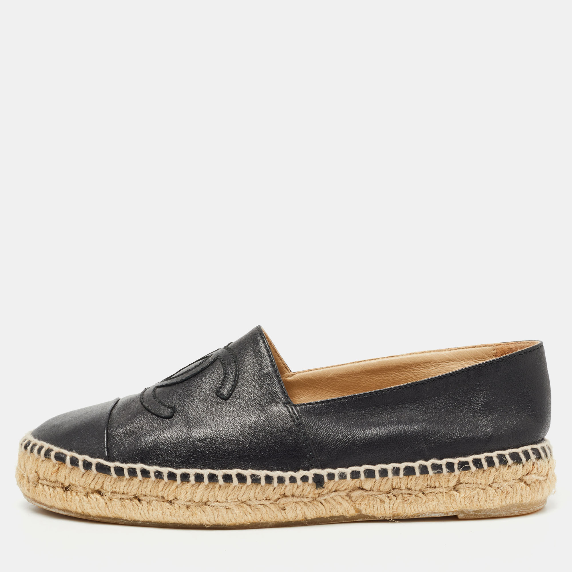 Pre Owned Chanel Black Leather CC Espadrille Flats Size 37 