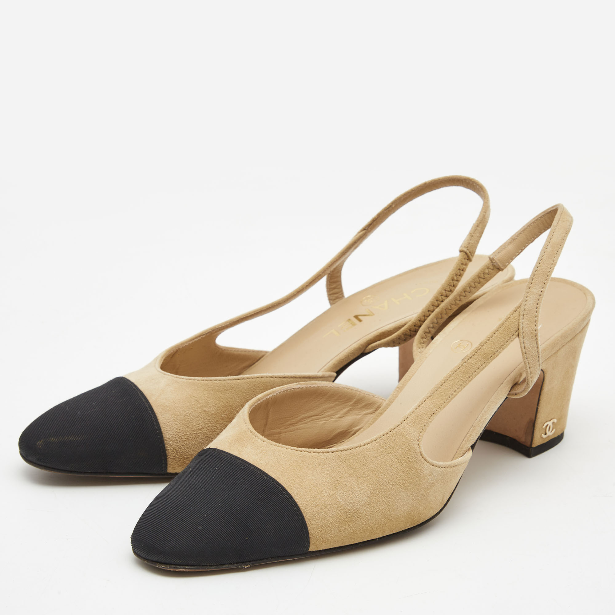 

Chanel Beige/Black Suede and Canvas Cap Toe CC Slingback D'orsay Pumps Size