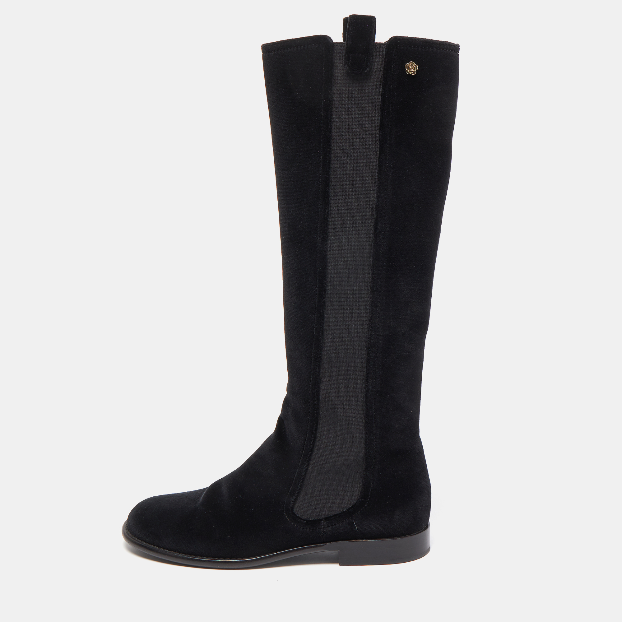 Chanel Black Velvet Suede Knee Length Boots Size 40
